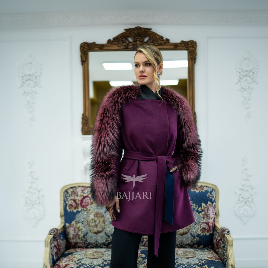 Stylish and Assertive Bajjari Design with Alpaca Llama Wool, Frost Fox Fur Shoulder and Sleeve Details -9584-