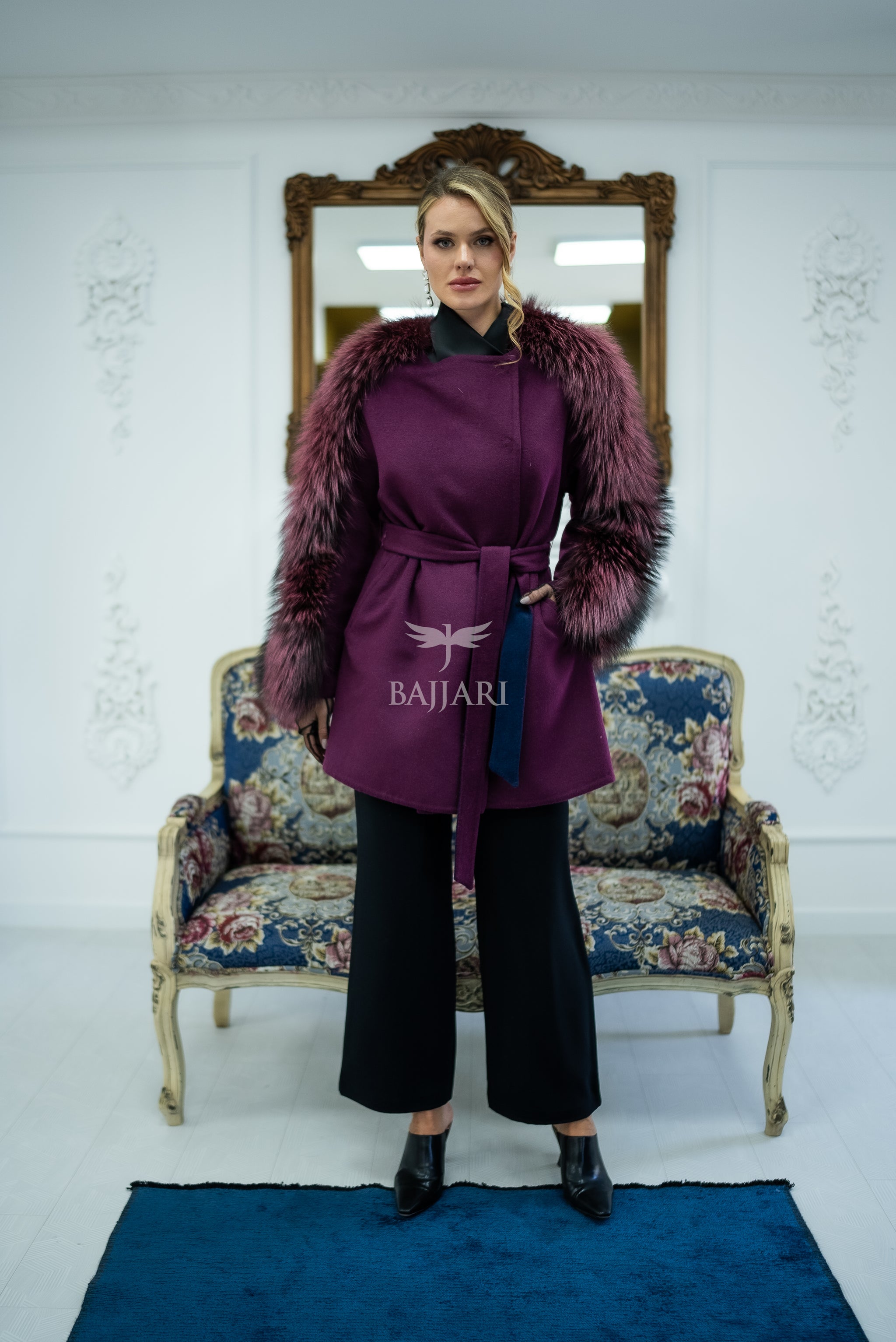 Stylish and Assertive Bajjari Design with Alpaca Llama Wool, Frost Fox Fur Shoulder and Sleeve Details -9584-