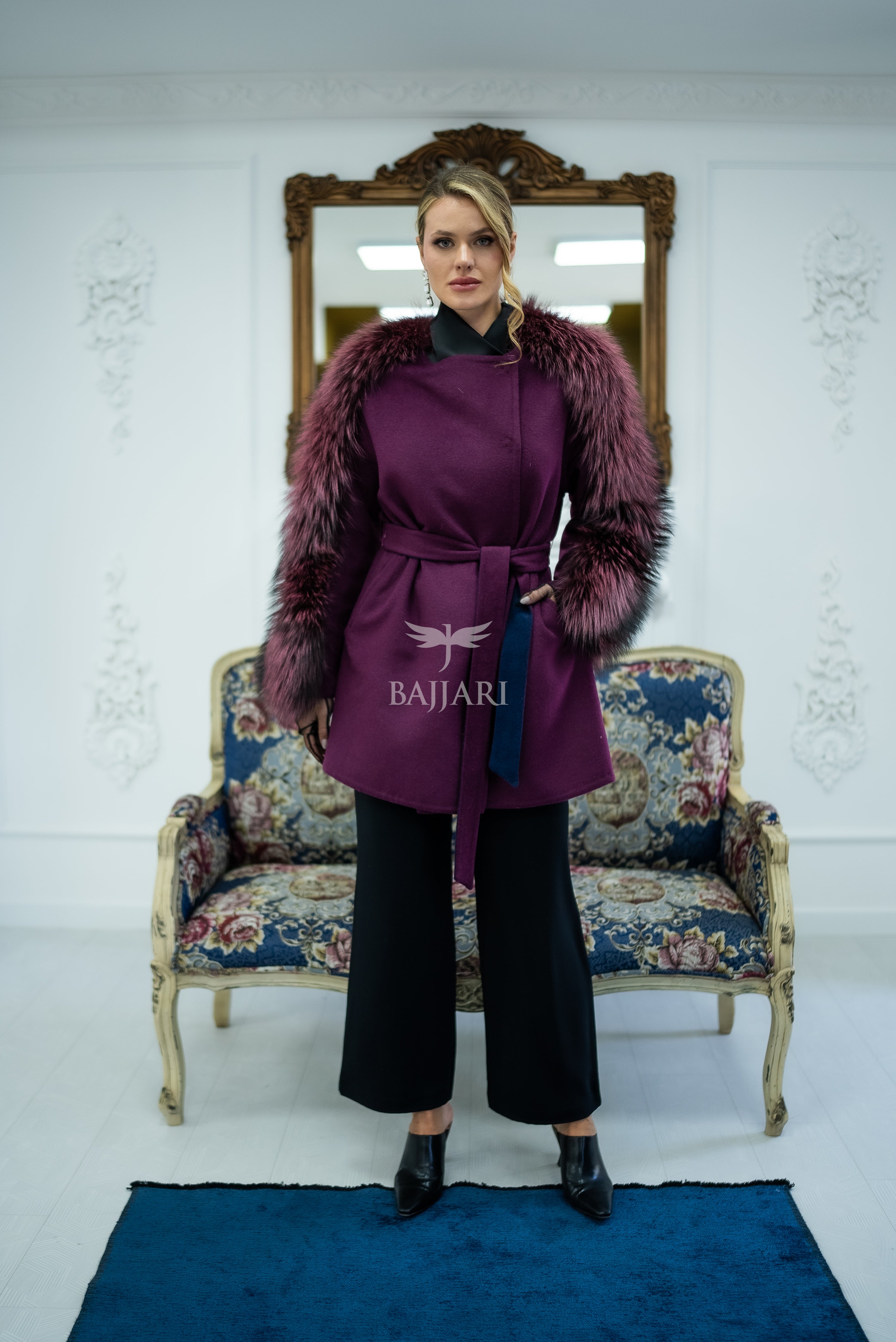 Stylish and Assertive Bajjari Design with Alpaca Llama Wool, Frost Fox Fur Shoulder and Sleeve Details -9584-