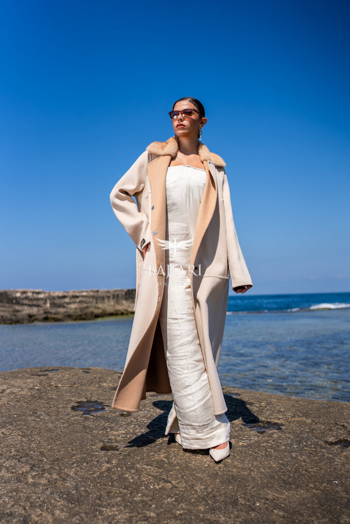 Alpaca Fabric Model with Mink Fur Collar and Belt -9453-