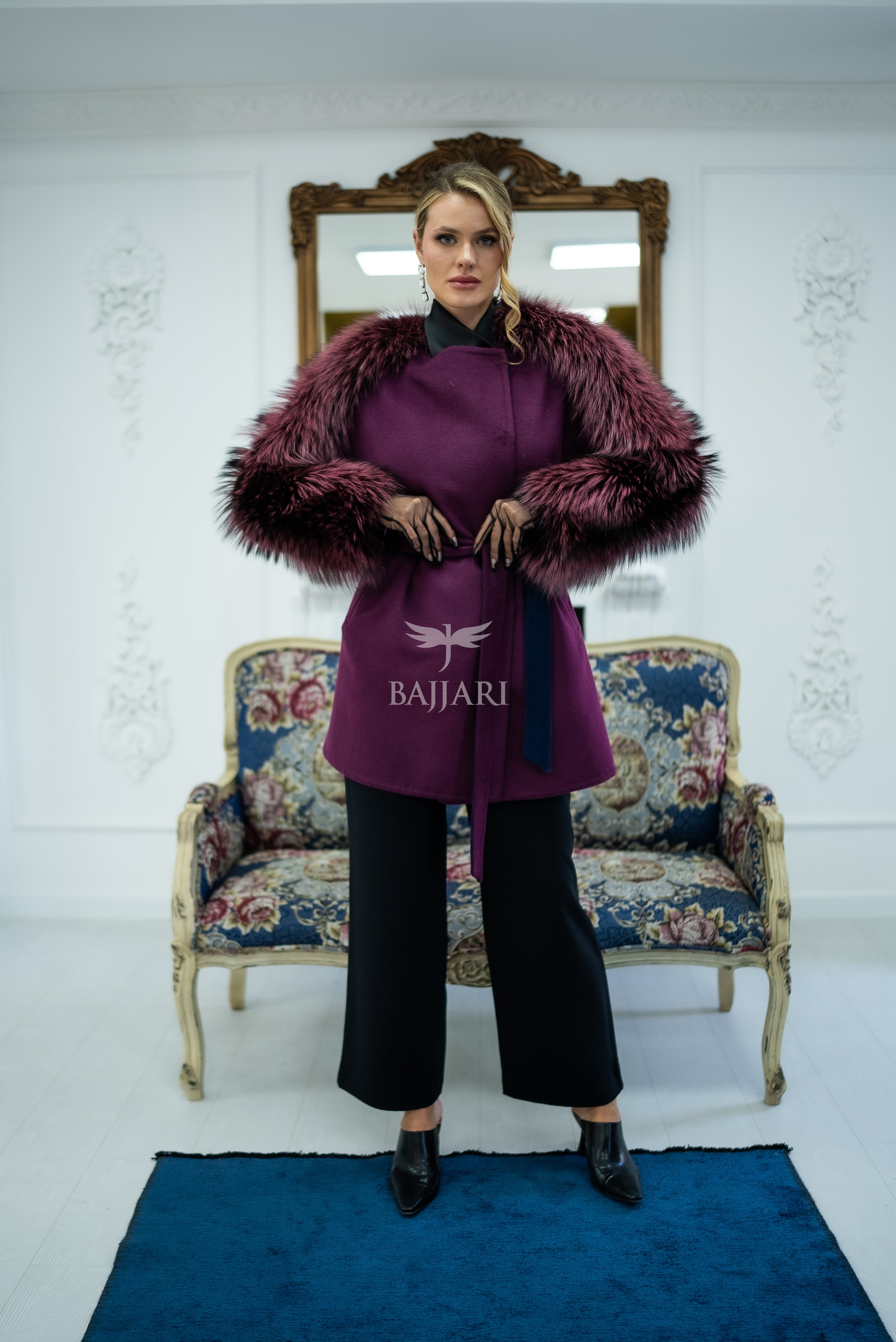 Stylish and Assertive Bajjari Design with Alpaca Llama Wool, Frost Fox Fur Shoulder and Sleeve Details -9584-