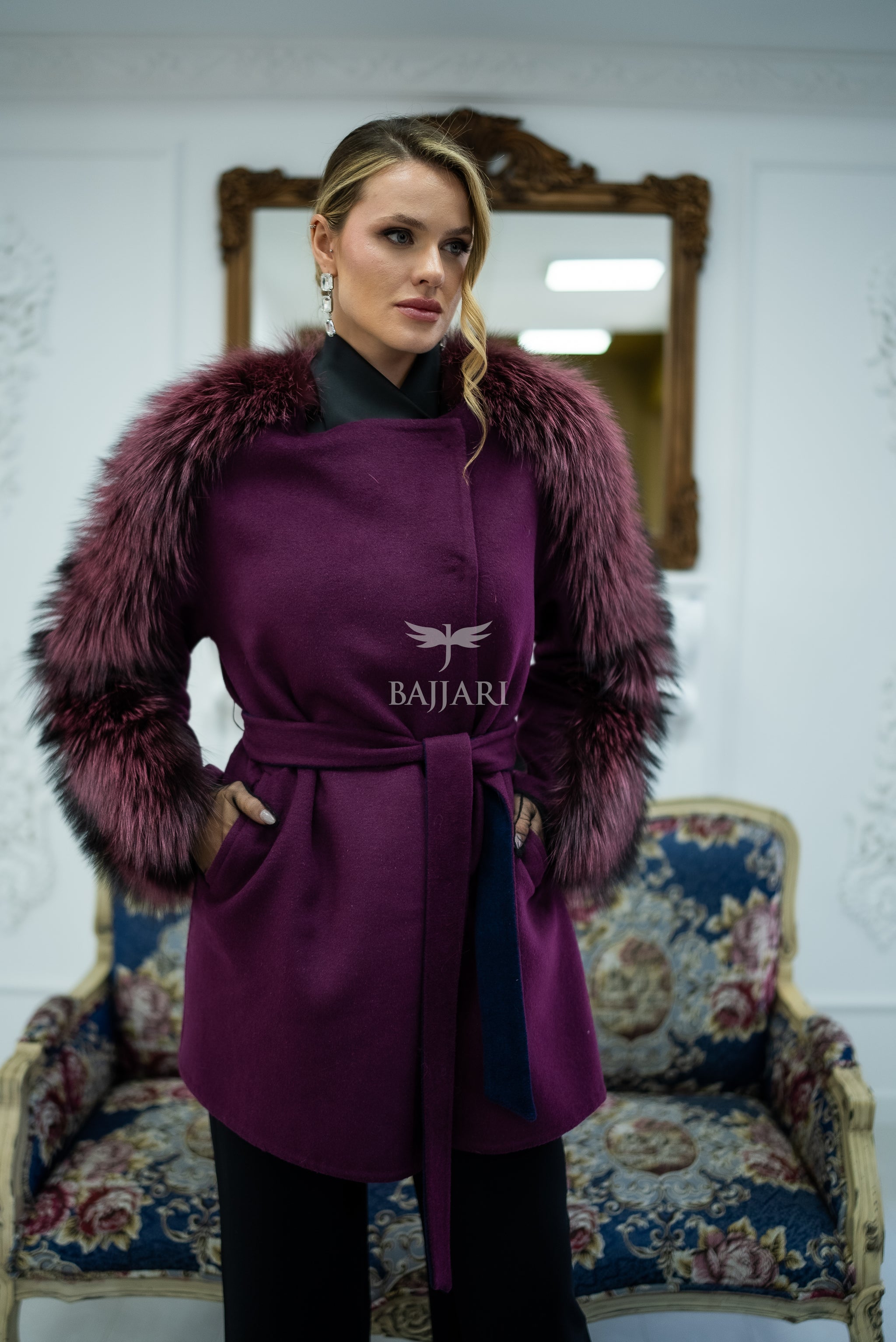 Stylish and Assertive Bajjari Design with Alpaca Llama Wool, Frost Fox Fur Shoulder and Sleeve Details -9584-