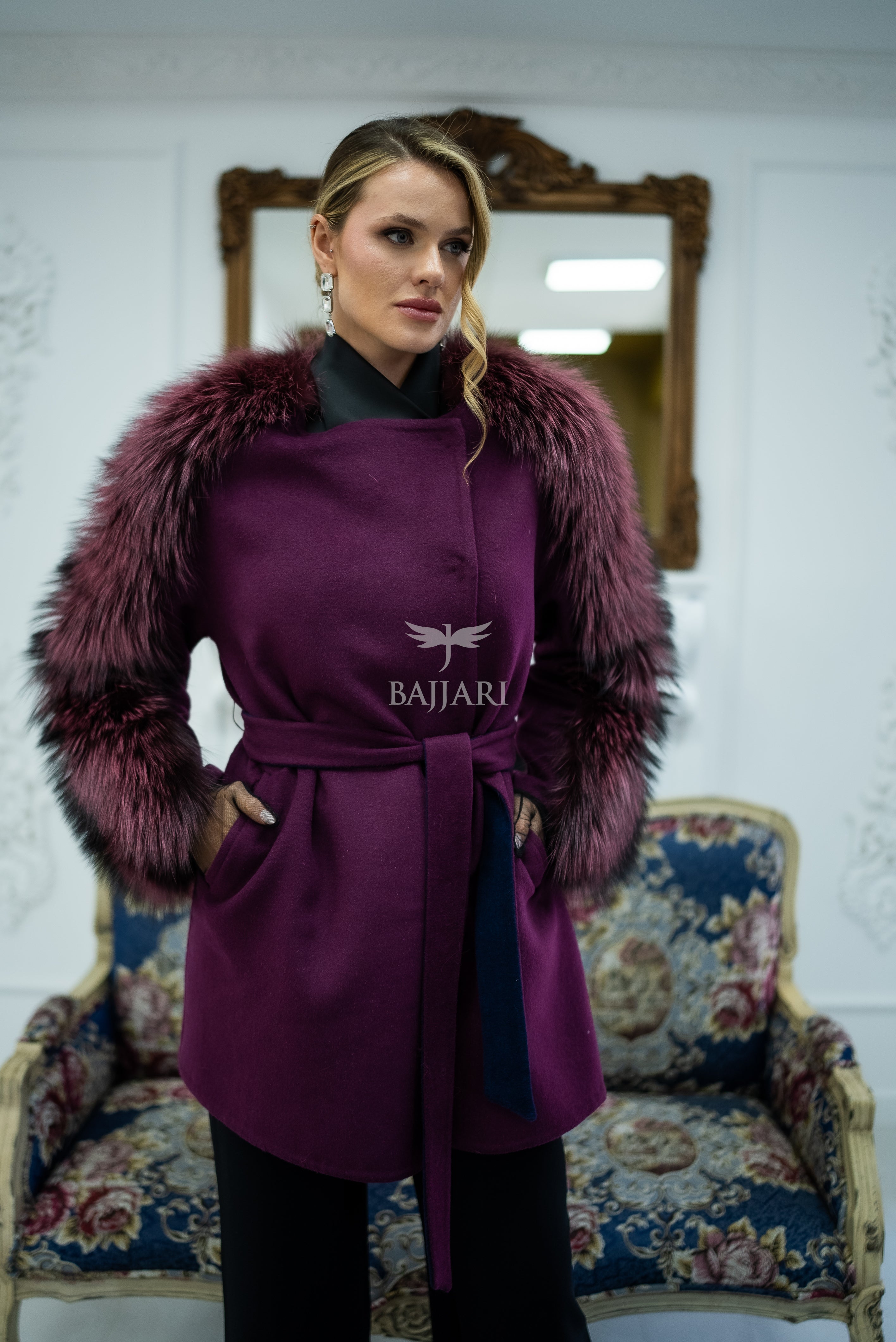 Stylish and Assertive Bajjari Design with Alpaca Llama Wool, Frost Fox Fur Shoulder and Sleeve Details -9584-
