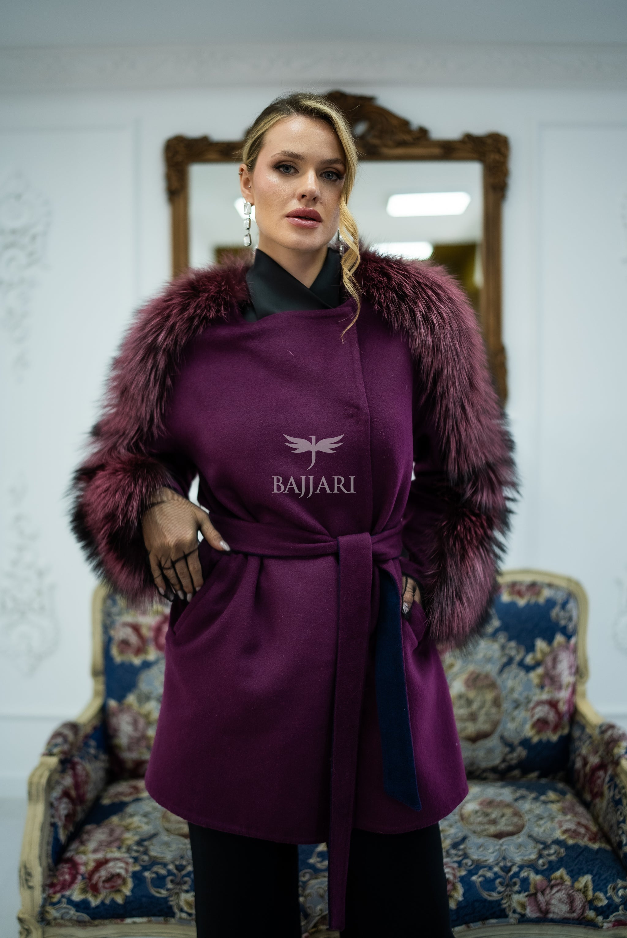 Stylish and Assertive Bajjari Design with Alpaca Llama Wool, Frost Fox Fur Shoulder and Sleeve Details -9584-