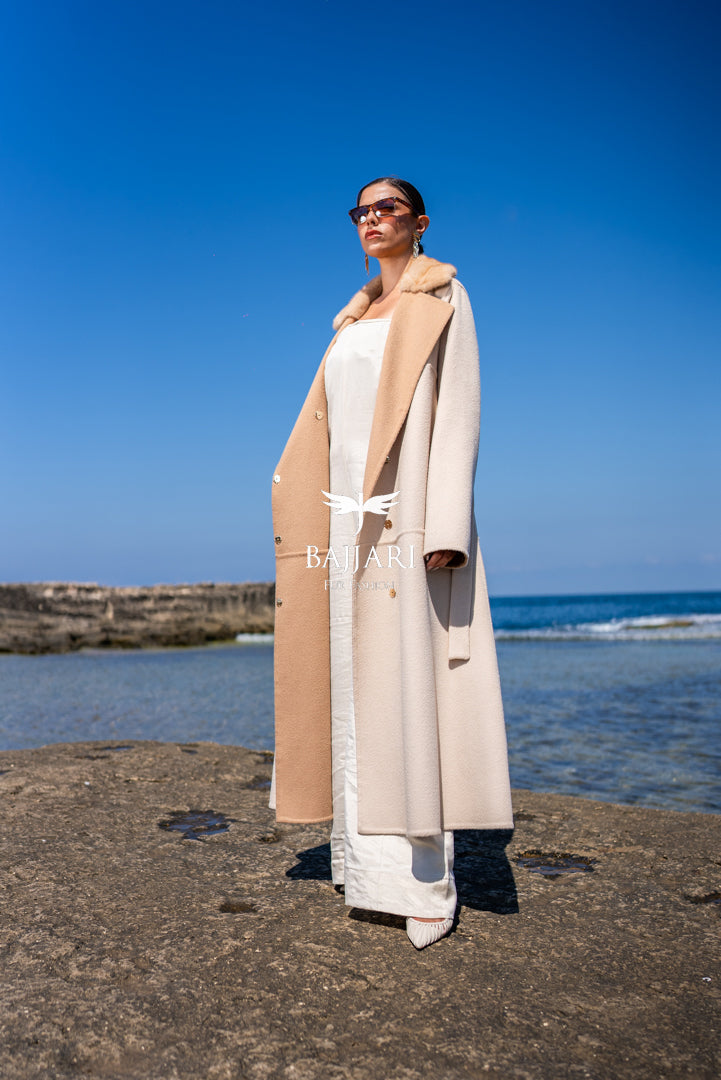 Alpaca Fabric Model with Mink Fur Collar and Belt -9453-