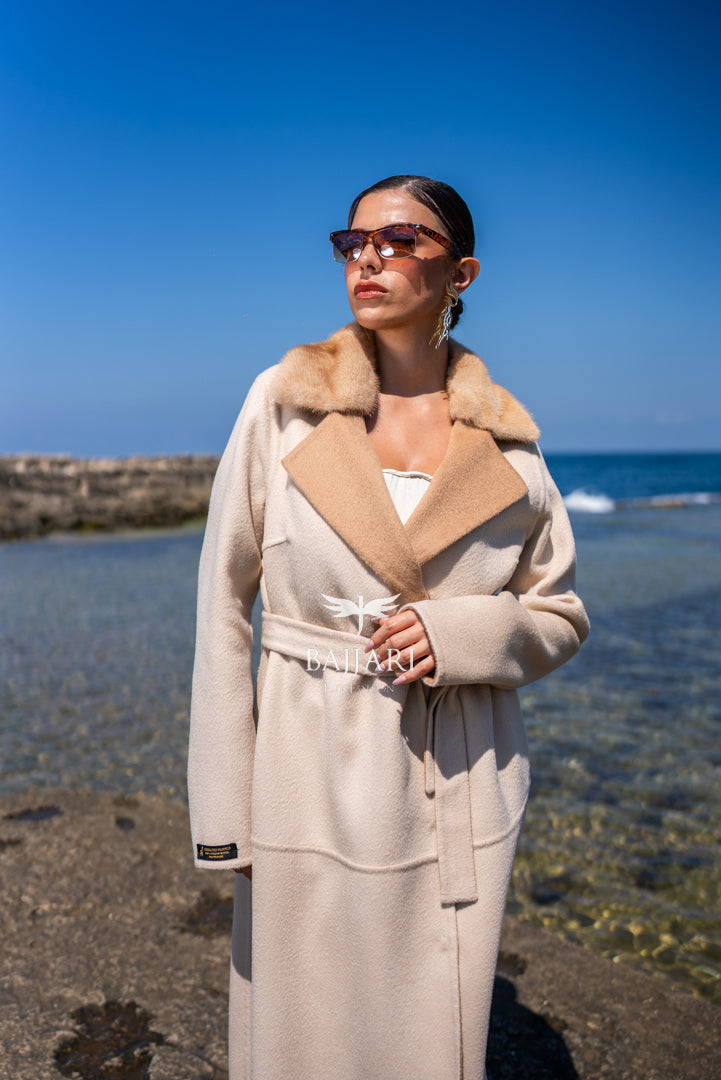 Alpaca Fabric Model with Mink Fur Collar and Belt -9453-