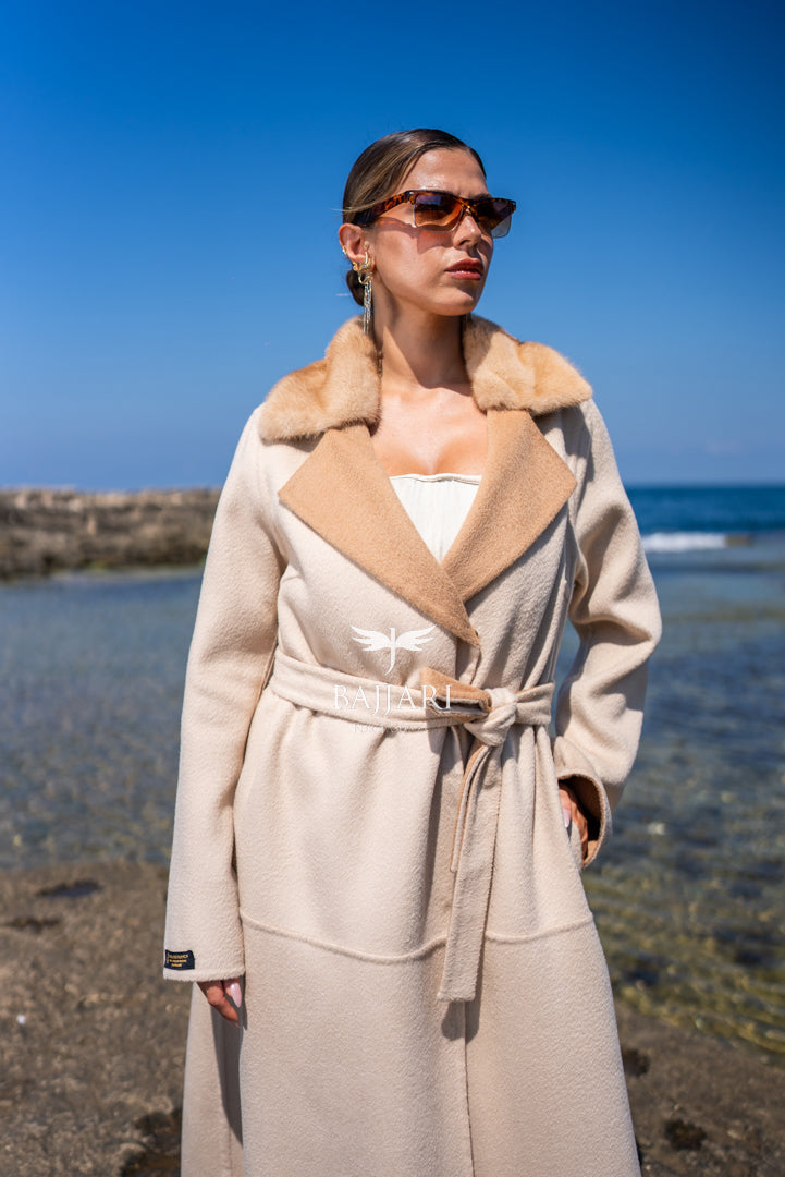 Alpaca Fabric Model with Mink Fur Collar and Belt -9453-