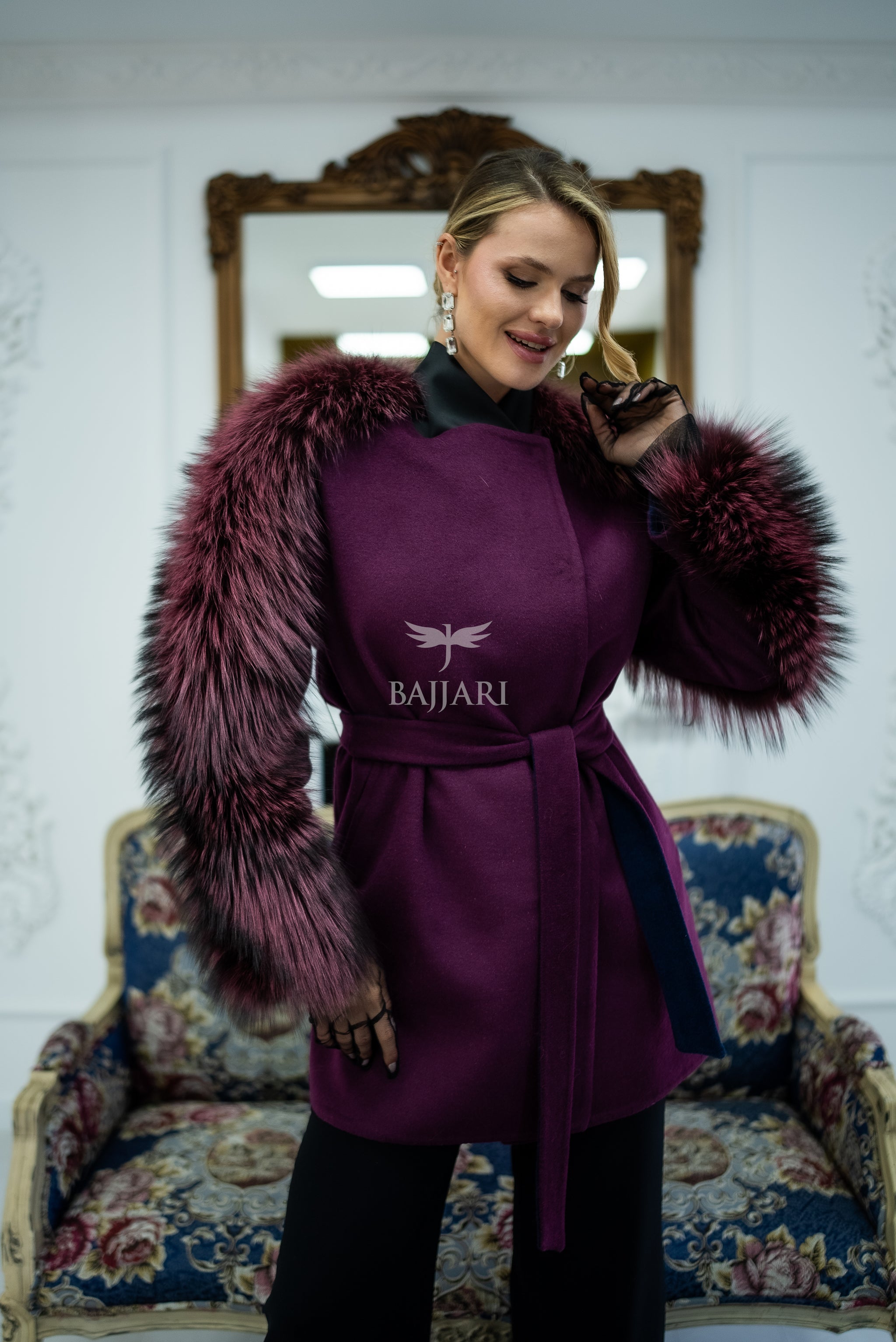 Stylish and Assertive Bajjari Design with Alpaca Llama Wool, Frost Fox Fur Shoulder and Sleeve Details -9584-