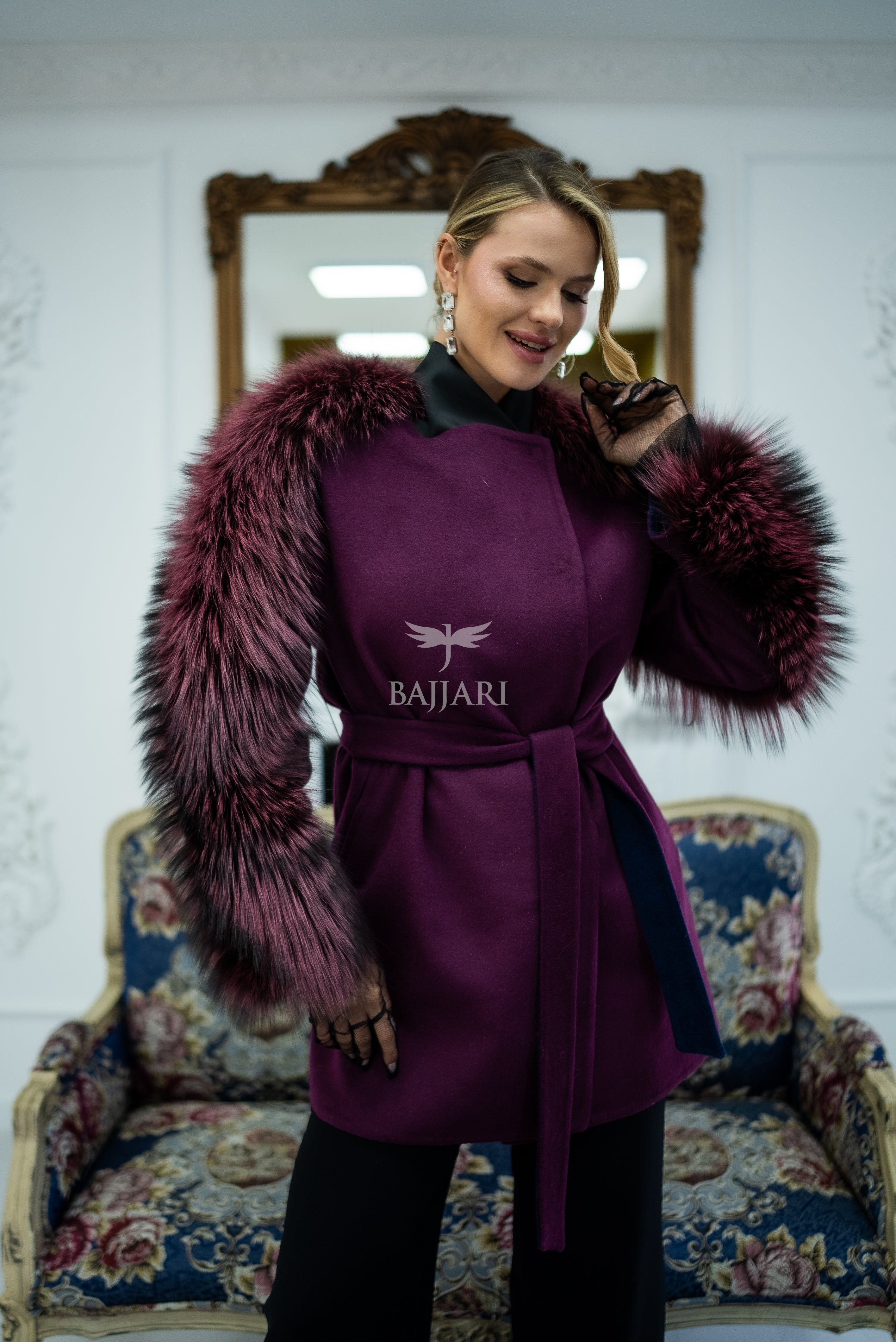 Stylish and Assertive Bajjari Design with Alpaca Llama Wool, Frost Fox Fur Shoulder and Sleeve Details -9584-
