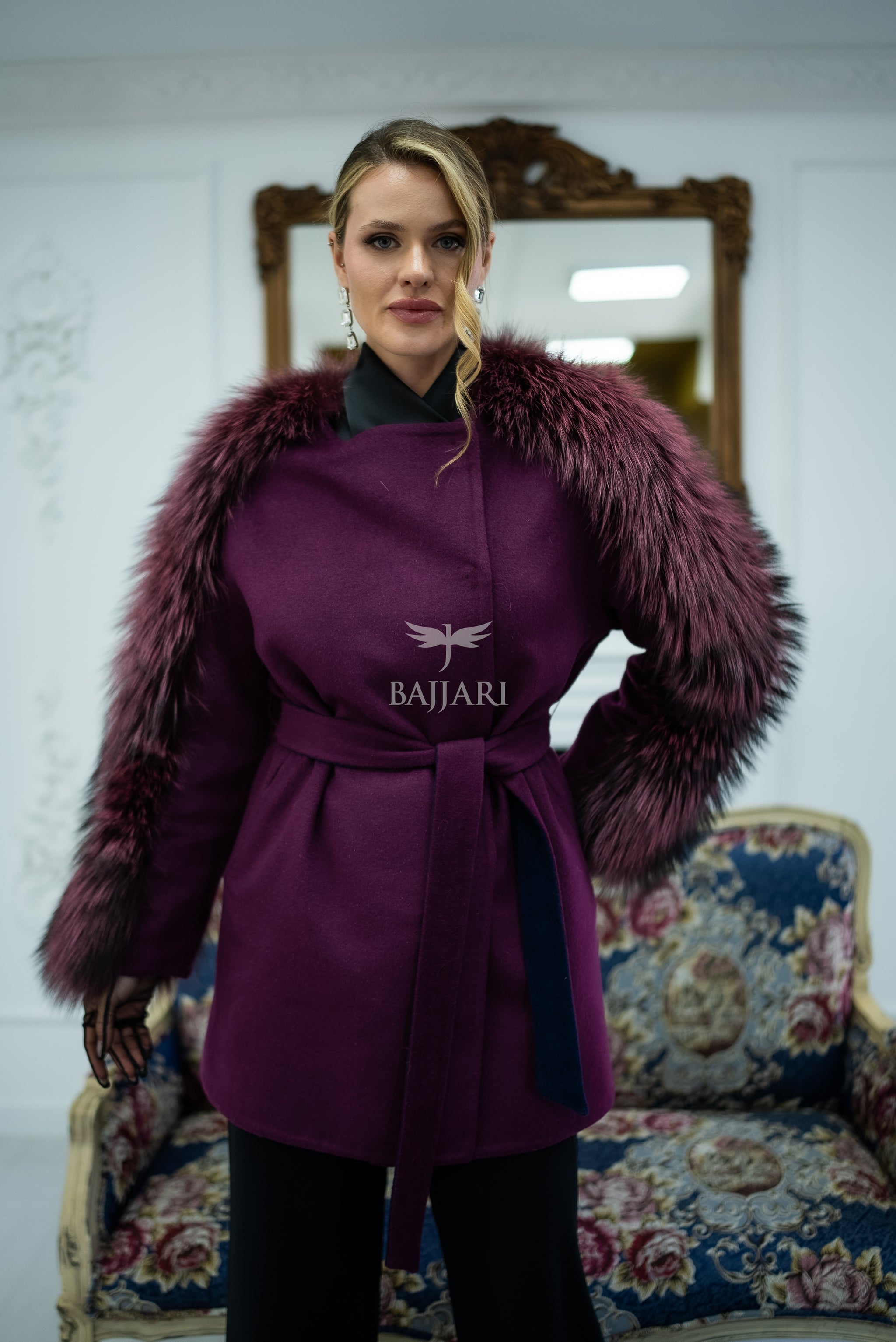 Stylish and Assertive Bajjari Design with Alpaca Llama Wool, Frost Fox Fur Shoulder and Sleeve Details -9584-