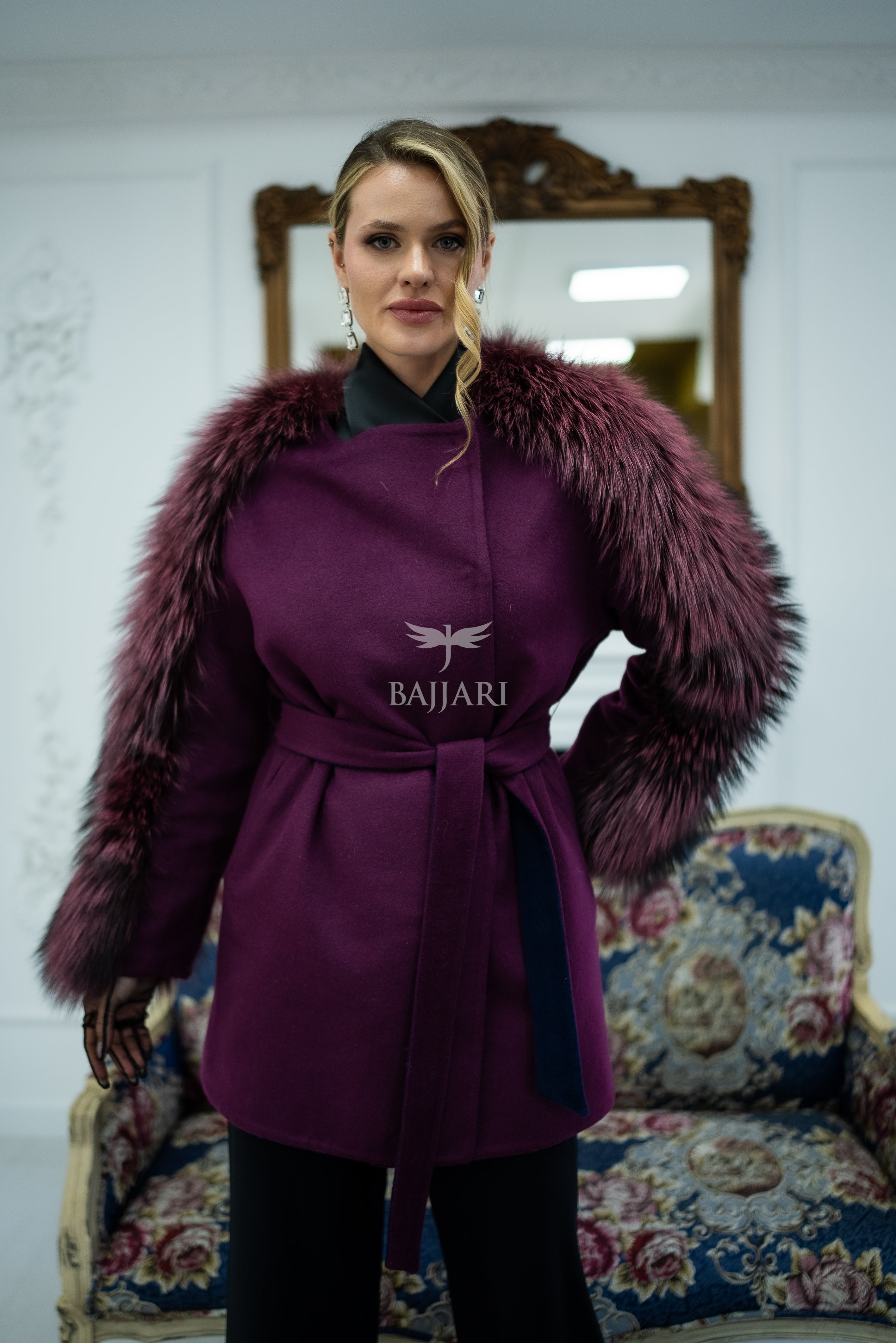 Stylish and Assertive Bajjari Design with Alpaca Llama Wool, Frost Fox Fur Shoulder and Sleeve Details -9584-