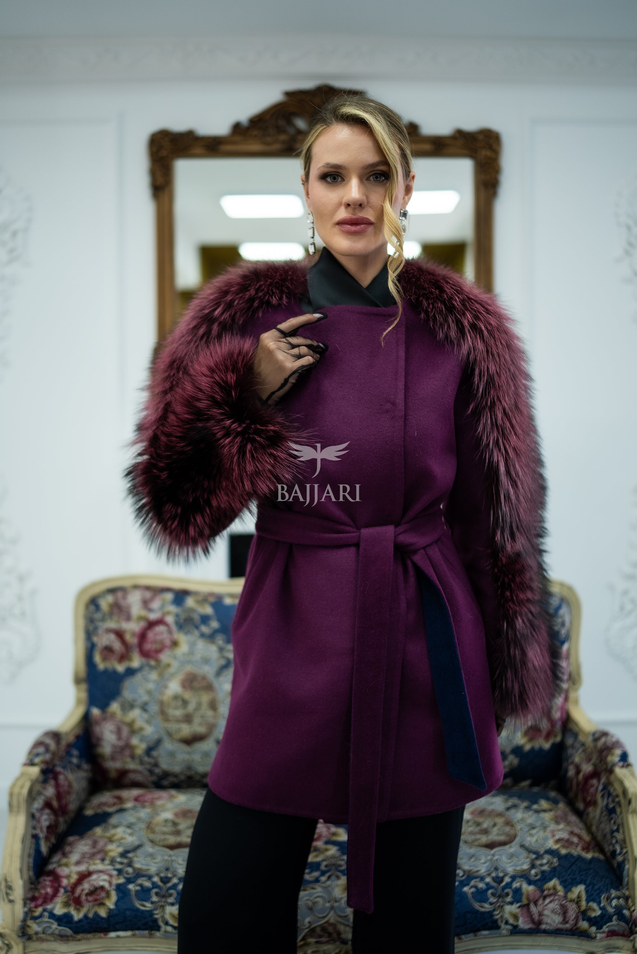 Stylish and Assertive Bajjari Design with Alpaca Llama Wool, Frost Fox Fur Shoulder and Sleeve Details -9584-
