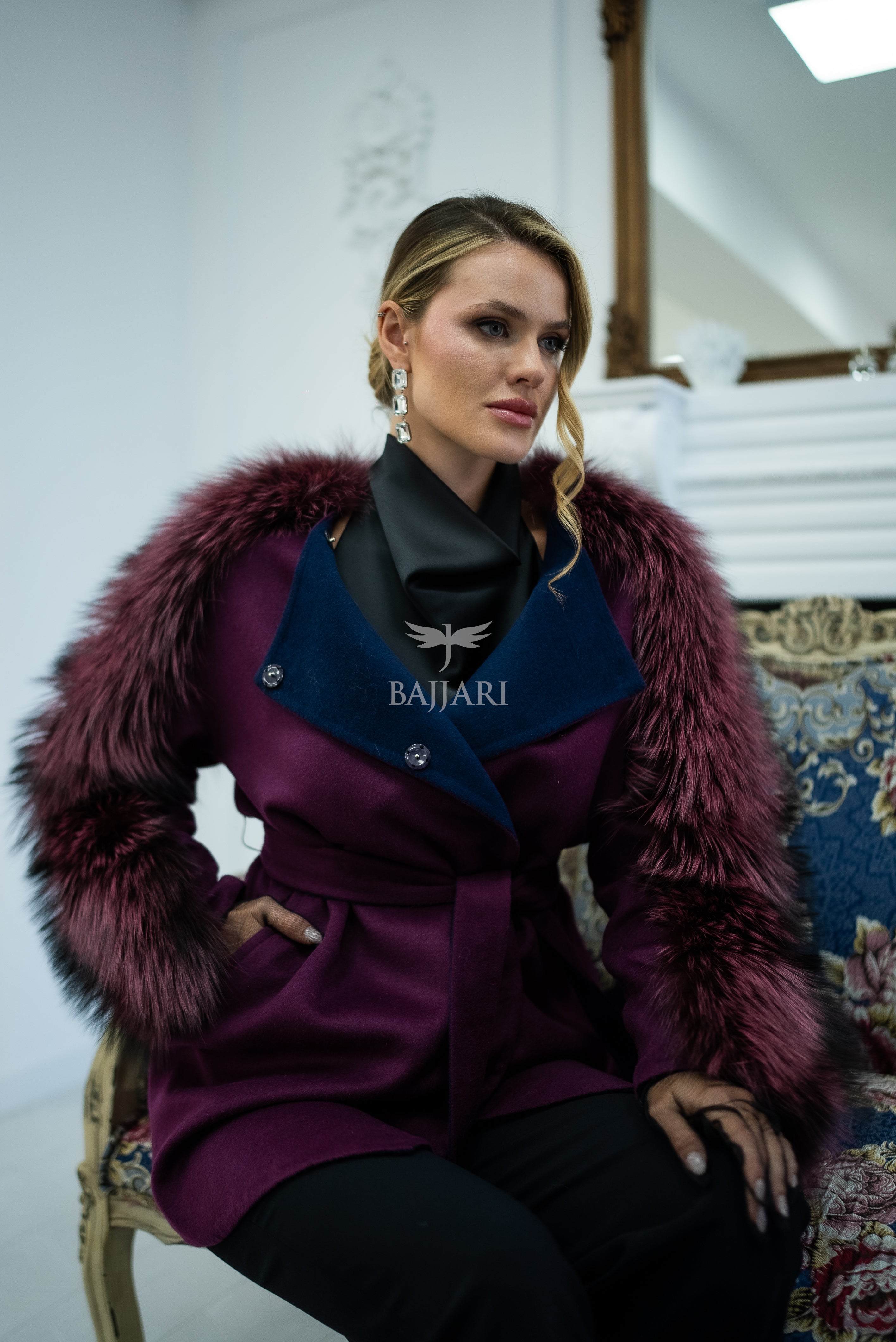 Stylish and Assertive Bajjari Design with Alpaca Llama Wool, Frost Fox Fur Shoulder and Sleeve Details -9584-
