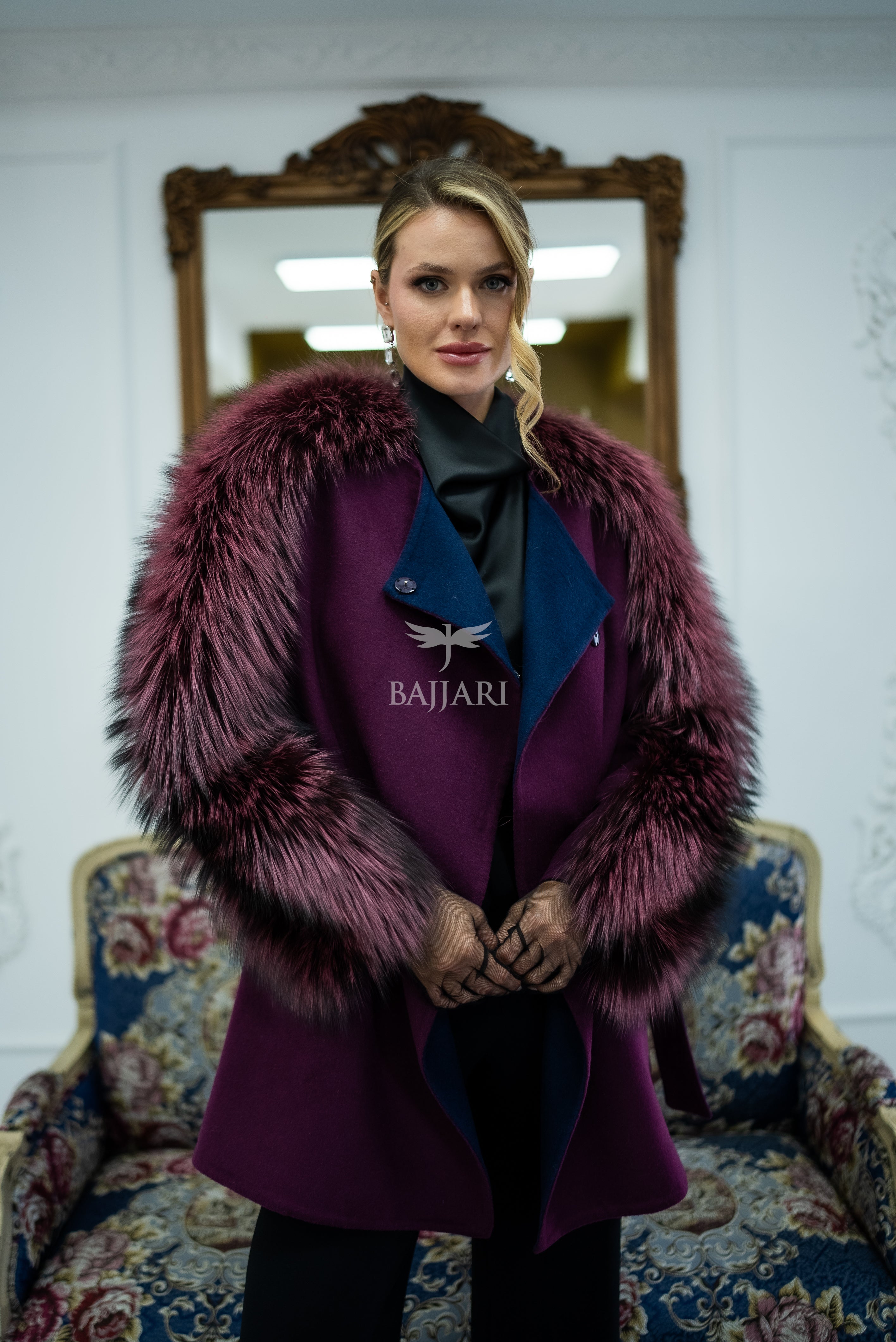 Stylish and Assertive Bajjari Design with Alpaca Llama Wool, Frost Fox Fur Shoulder and Sleeve Details -9584-