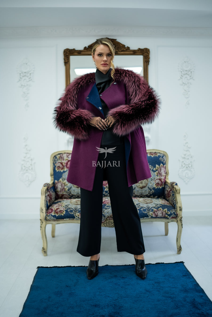Stylish and Assertive Bajjari Design with Alpaca Llama Wool, Frost Fox Fur Shoulder and Sleeve Details -9584-