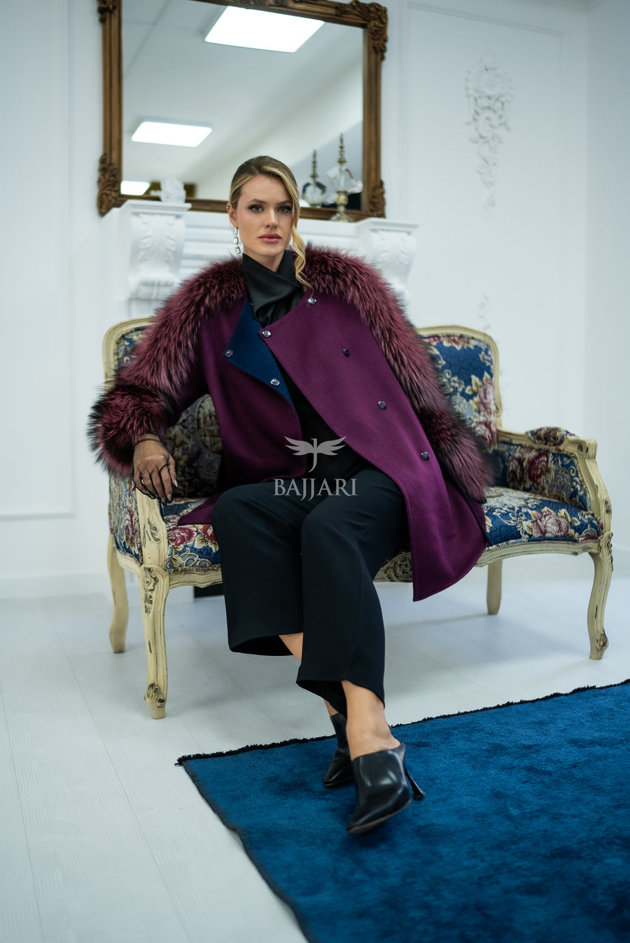 Stylish and Assertive Bajjari Design with Alpaca Llama Wool, Frost Fox Fur Shoulder and Sleeve Details -9584-