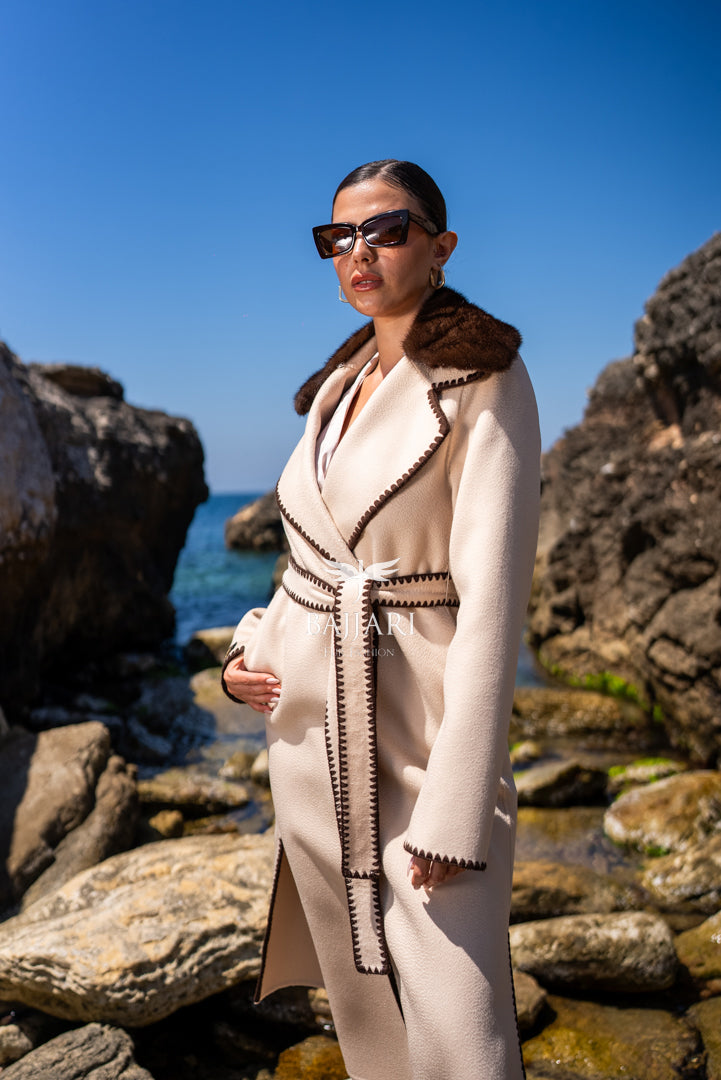 Alpaca Fabric with Mink Fur, Embroidered Details, and Belt -3991-