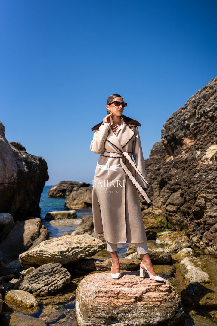 Alpaca Fabric with Mink Fur, Embroidered Details, and Belt -3991-
