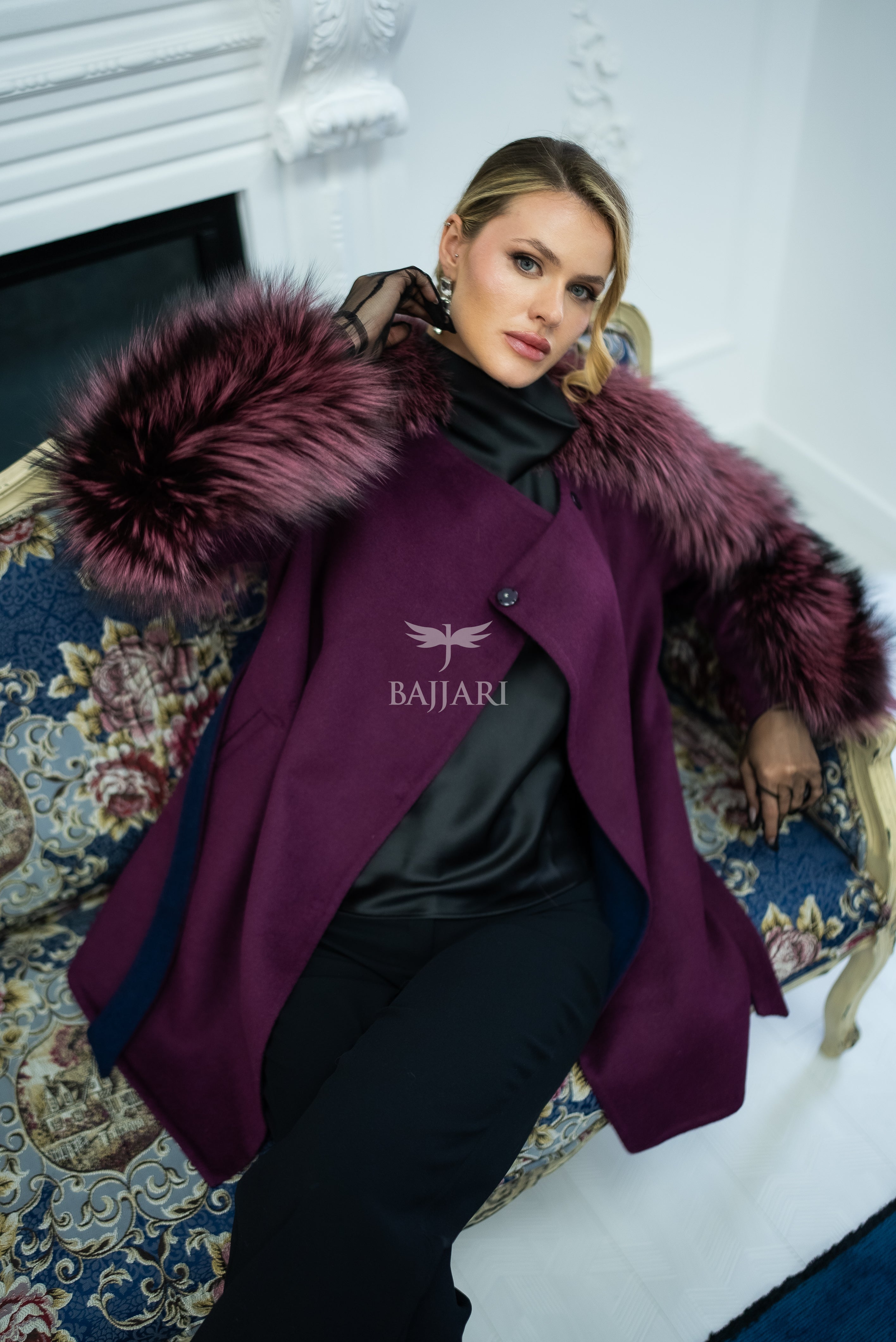 Stylish and Assertive Bajjari Design with Alpaca Llama Wool, Frost Fox Fur Shoulder and Sleeve Details -9584-