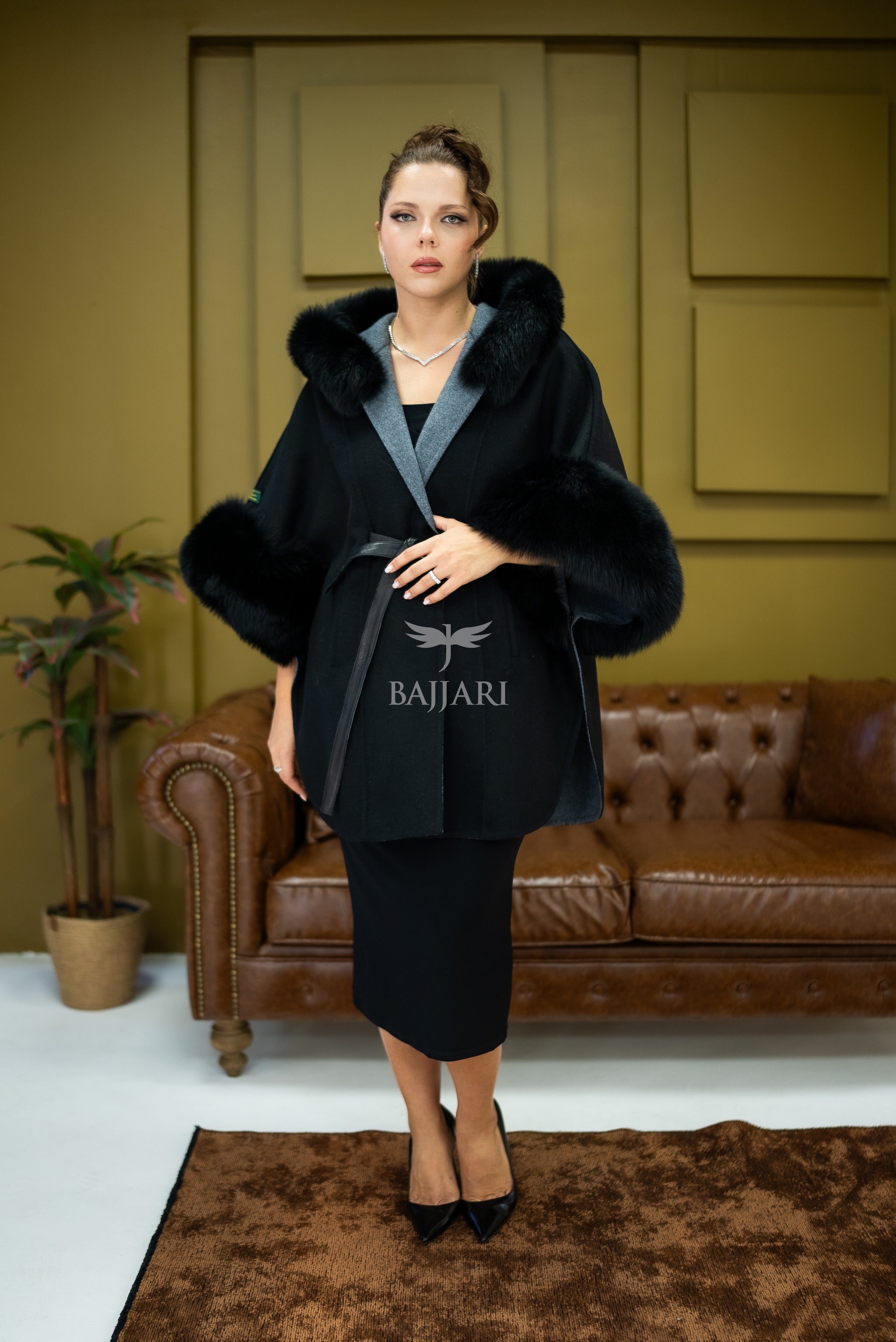 Elegant Hooded Cashmere Cape with Fox Fur Collar and Cuffs -1337-