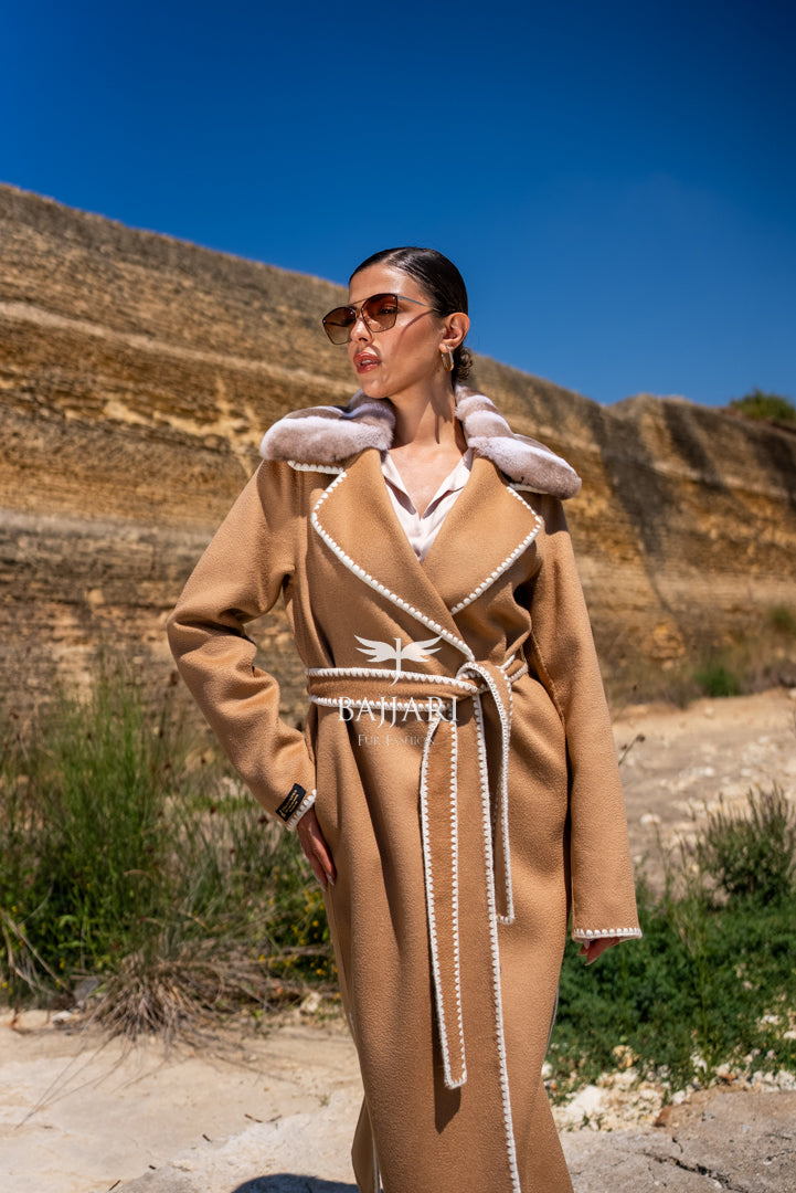 Alpaca Fabric with Rex Fur, Embroidered Details, and Belt -3991-
