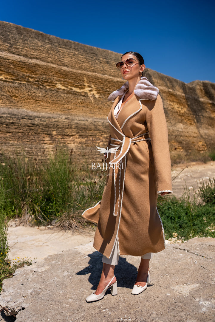 Alpaca Fabric with Rex Fur, Embroidered Details, and Belt -3991-