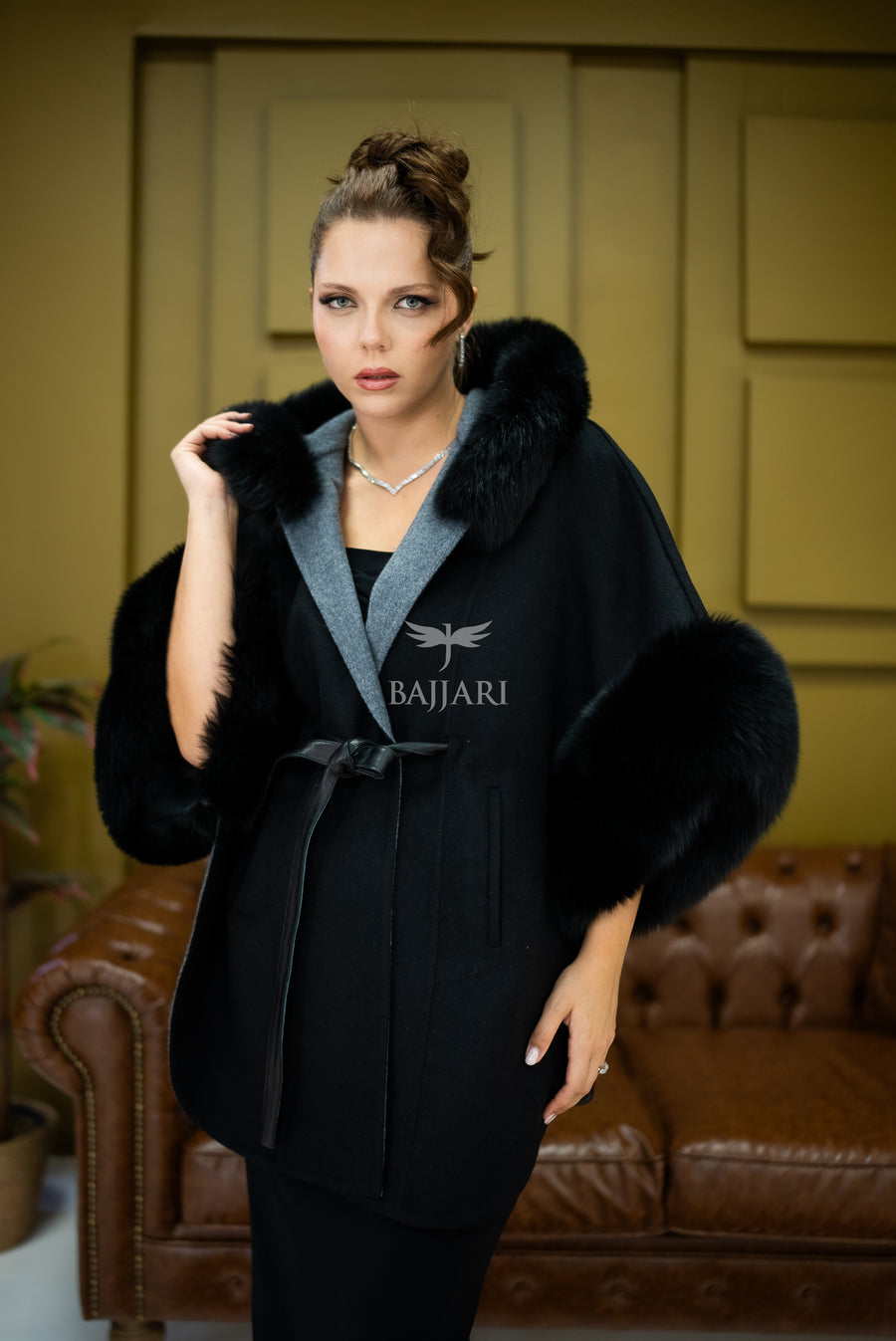Elegant Hooded Cashmere Cape with Fox Fur Collar and Cuffs -1337-