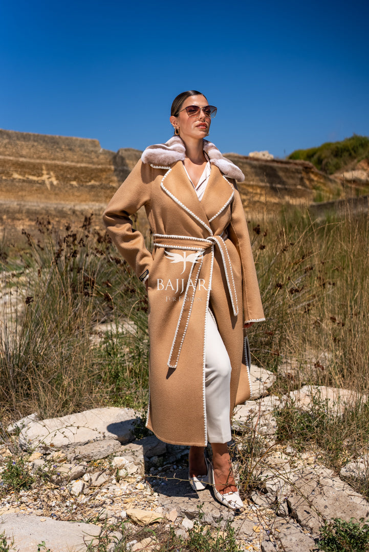 Alpaca Fabric with Rex Fur, Embroidered Details, and Belt -3991-