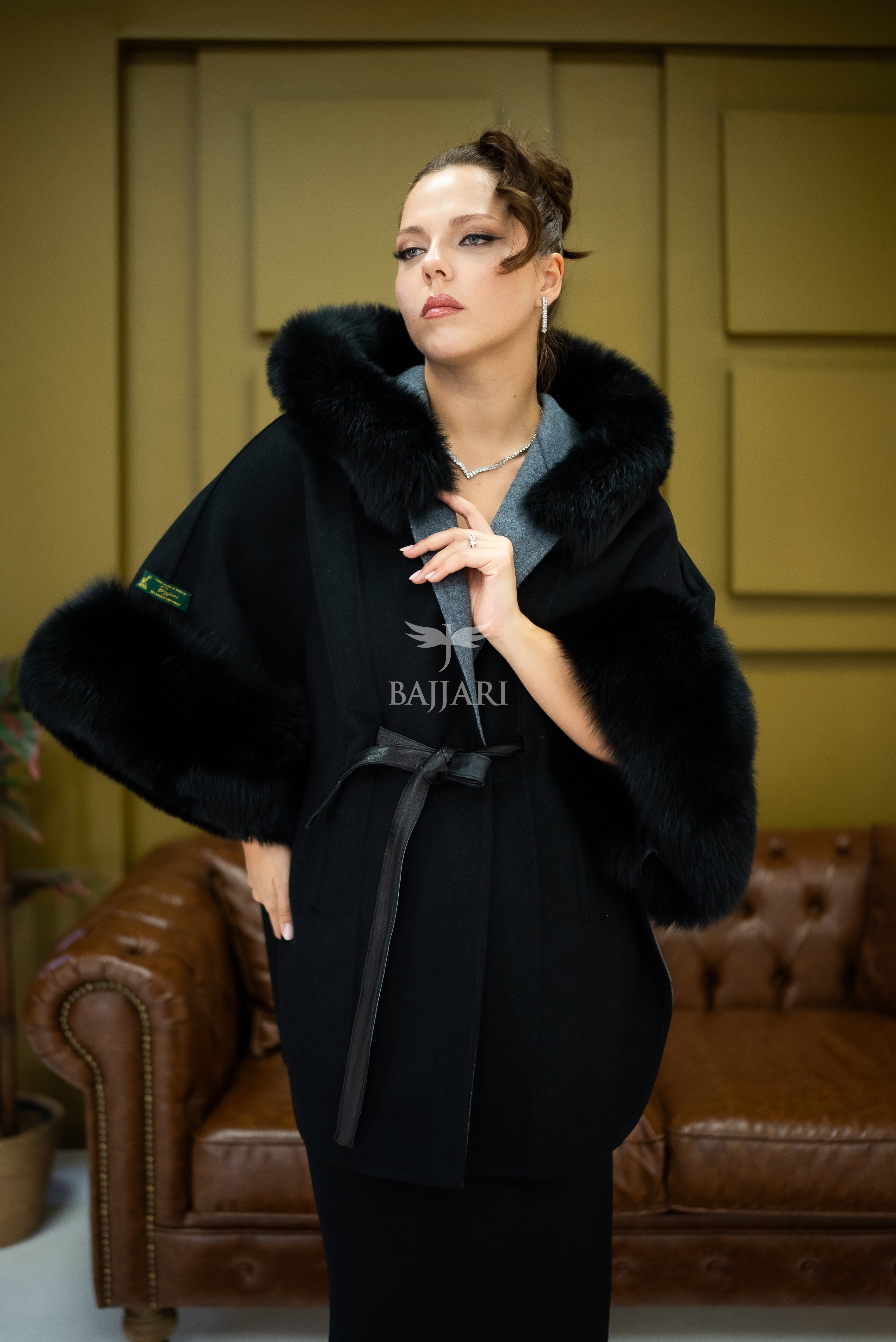Elegant Hooded Cashmere Cape with Fox Fur Collar and Cuffs -1337-