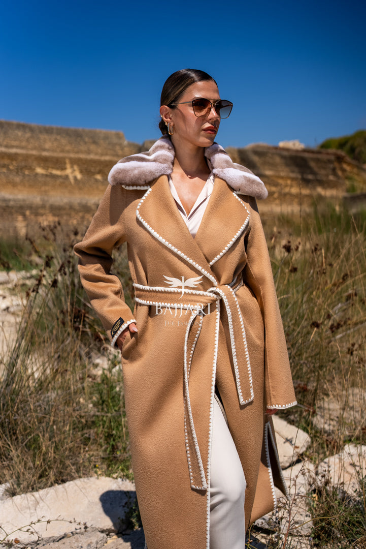 Alpaca Fabric with Rex Fur, Embroidered Details, and Belt -3991-