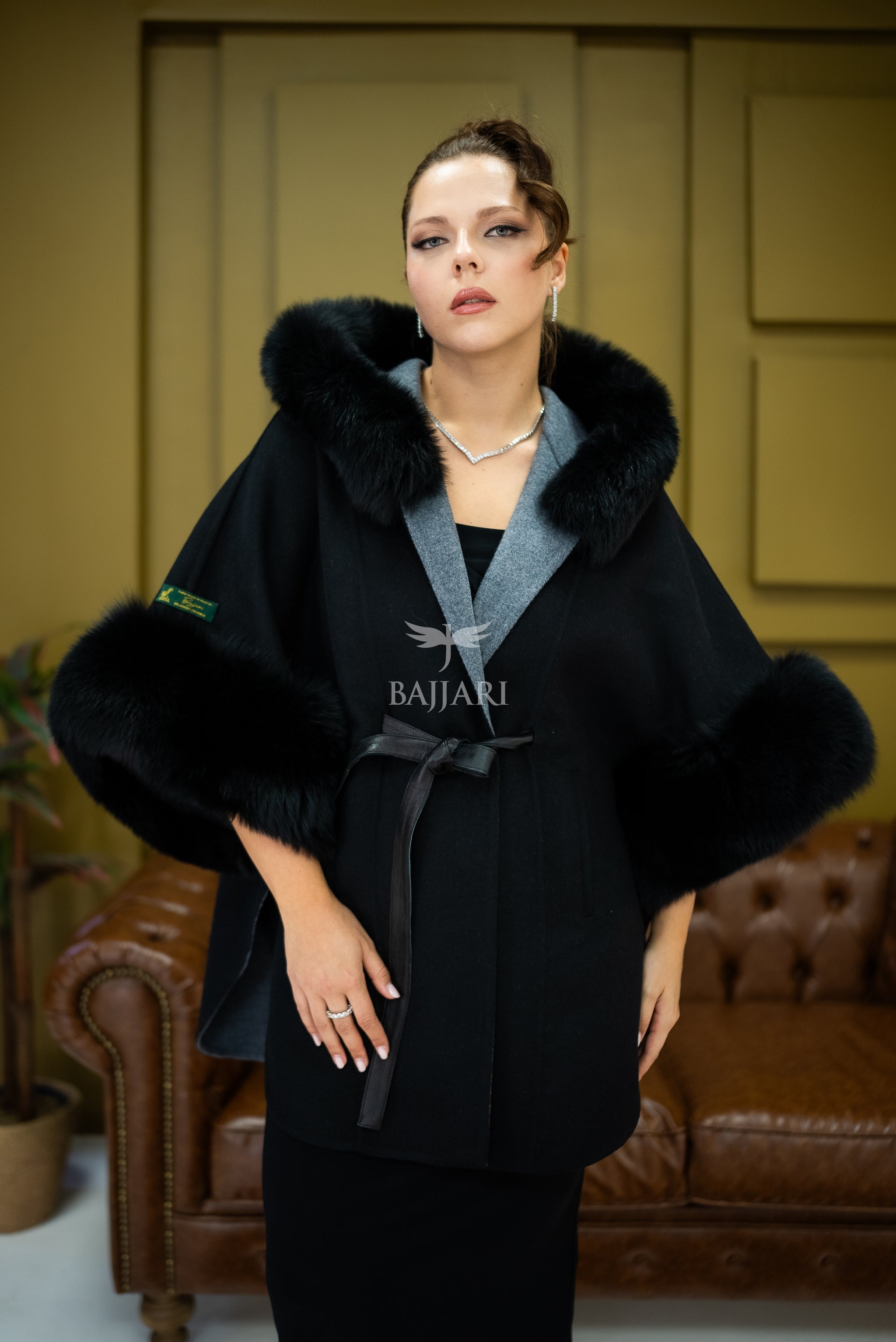 Elegant Hooded Cashmere Cape with Fox Fur Collar and Cuffs -1337-