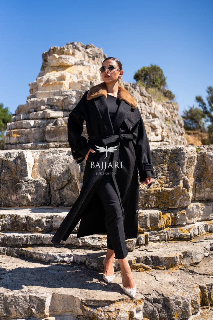 Elegant Alpaca Fabric Design with Mink Fur and Belt Details -9406-