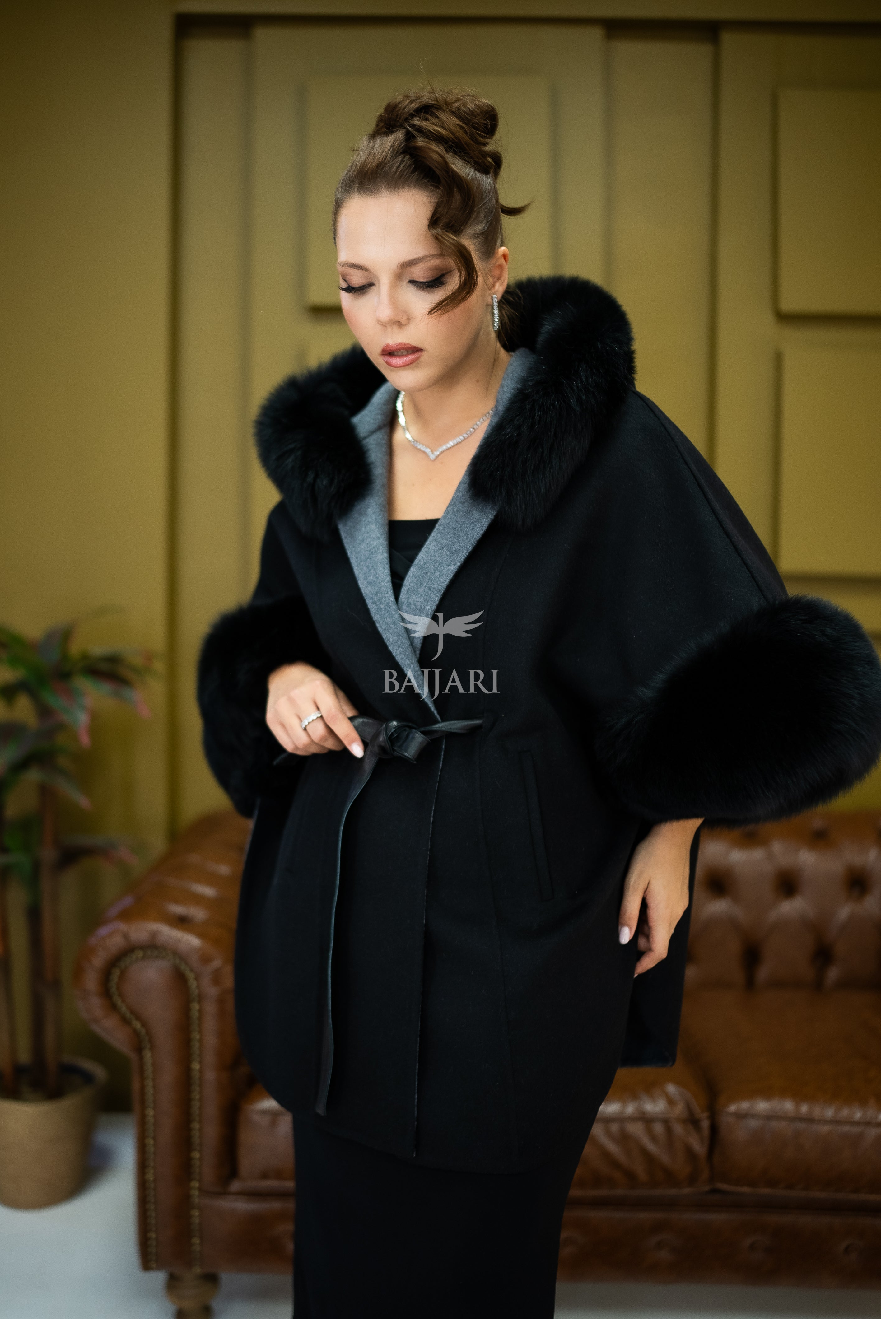 Elegant Hooded Cashmere Cape with Fox Fur Collar and Cuffs -1337-
