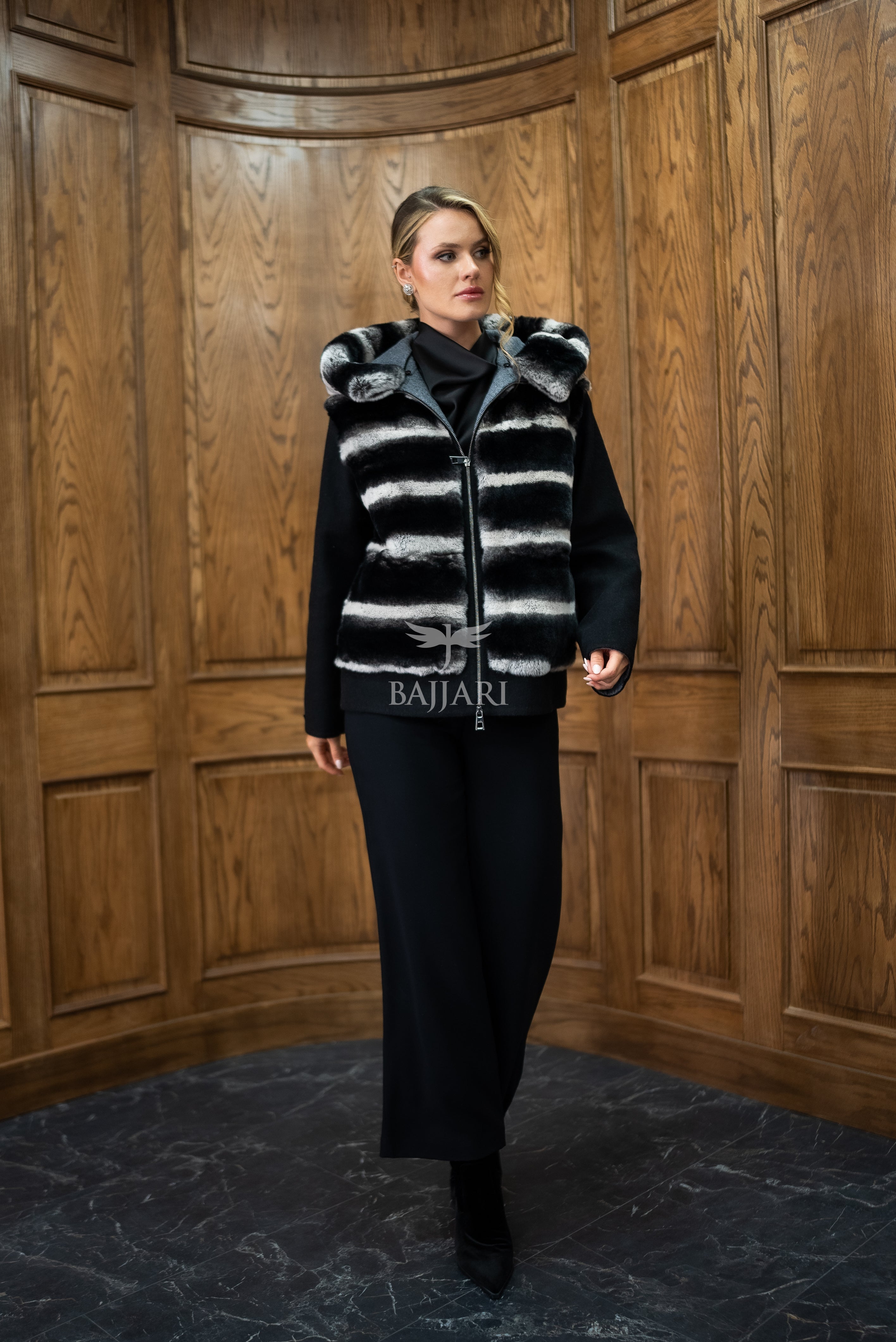 Alpaca Fabric Hooded Model with Rabbit Fur and Real Rabbit Fur Trim on the Front and Hood -9444-
