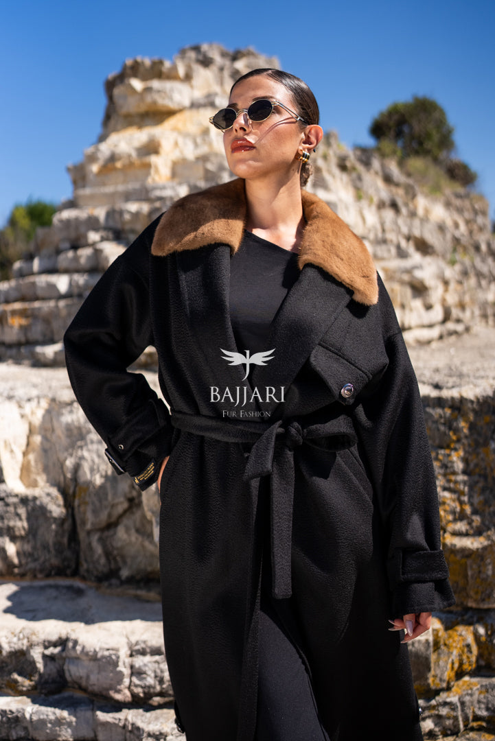 Elegant Alpaca Fabric Design with Mink Fur and Belt Details -9406-