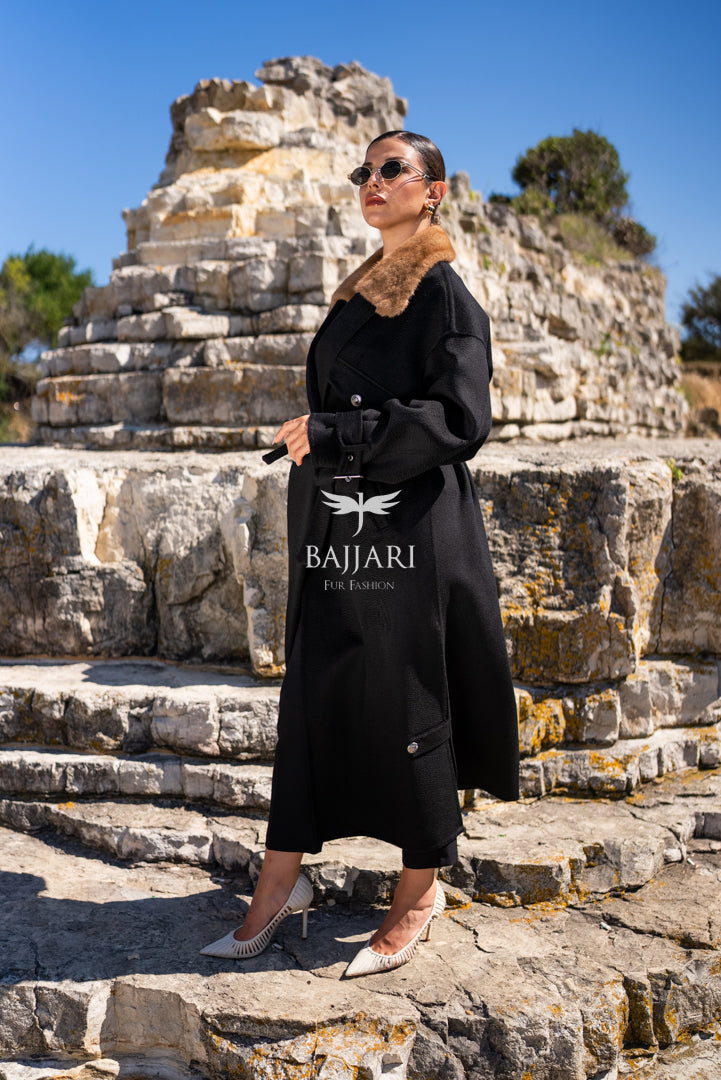 Elegant Alpaca Fabric Design with Mink Fur and Belt Details -9406-