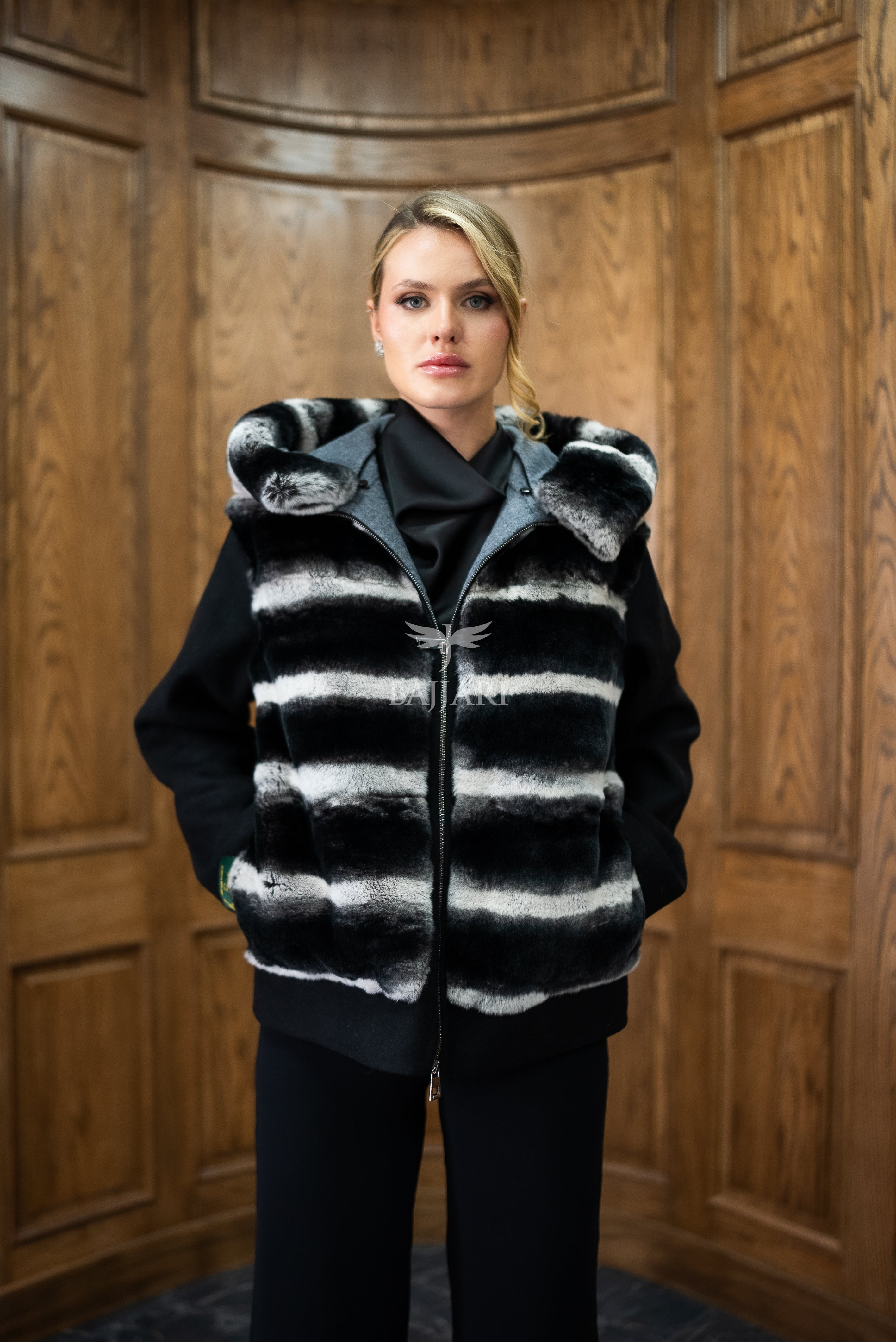 Alpaca Fabric Hooded Model with Rabbit Fur and Real Rabbit Fur Trim on the Front and Hood -9444-