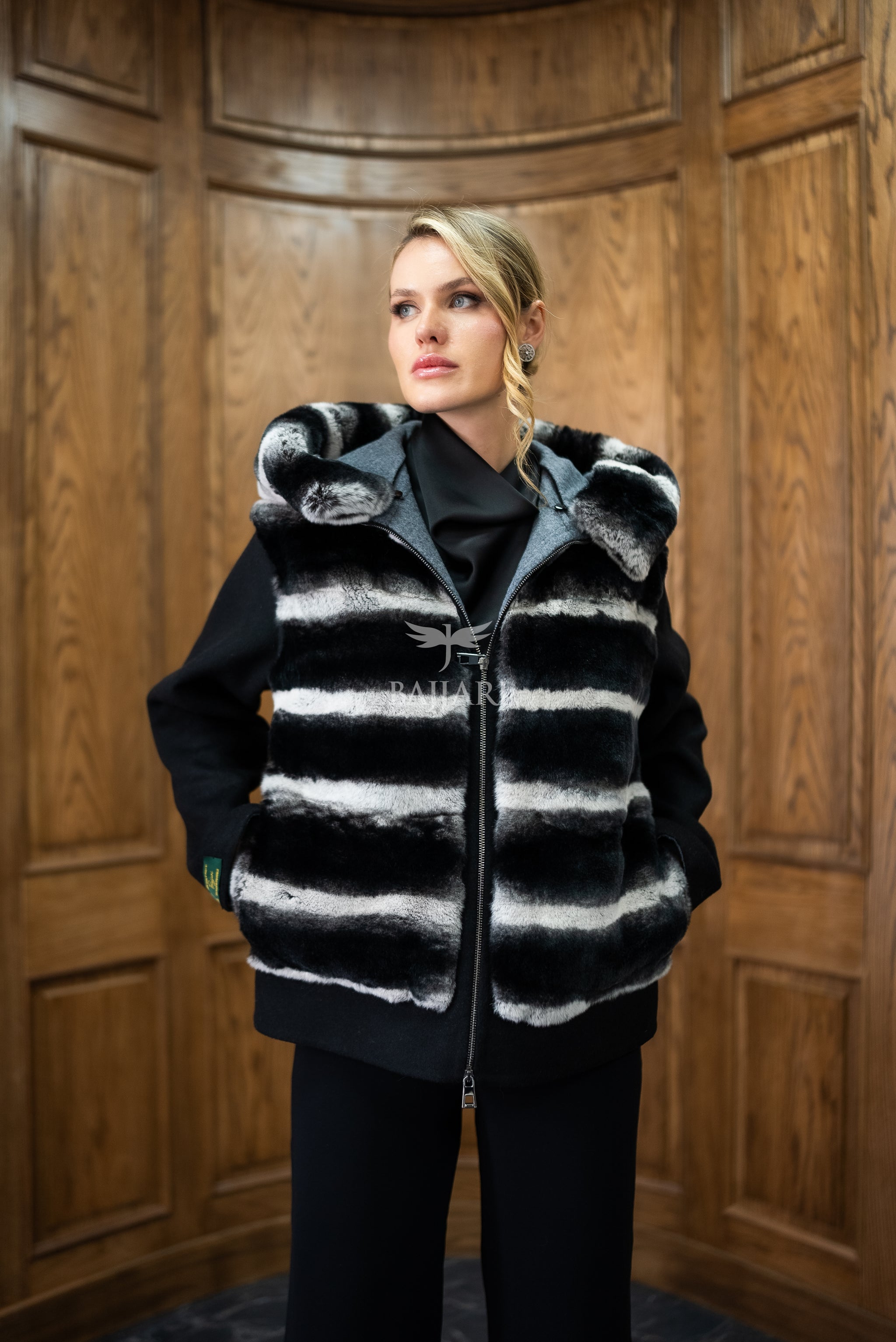 Alpaca Fabric Hooded Model with Rabbit Fur and Real Rabbit Fur Trim on the Front and Hood -9444-