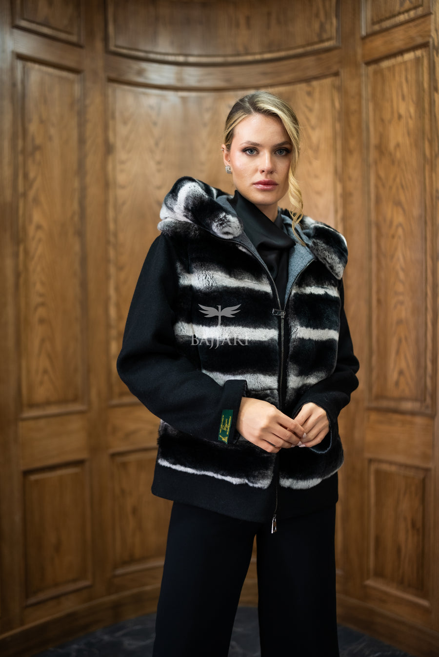Alpaca Fabric Hooded Model with Rabbit Fur and Real Rabbit Fur Trim on the Front and Hood -9444-