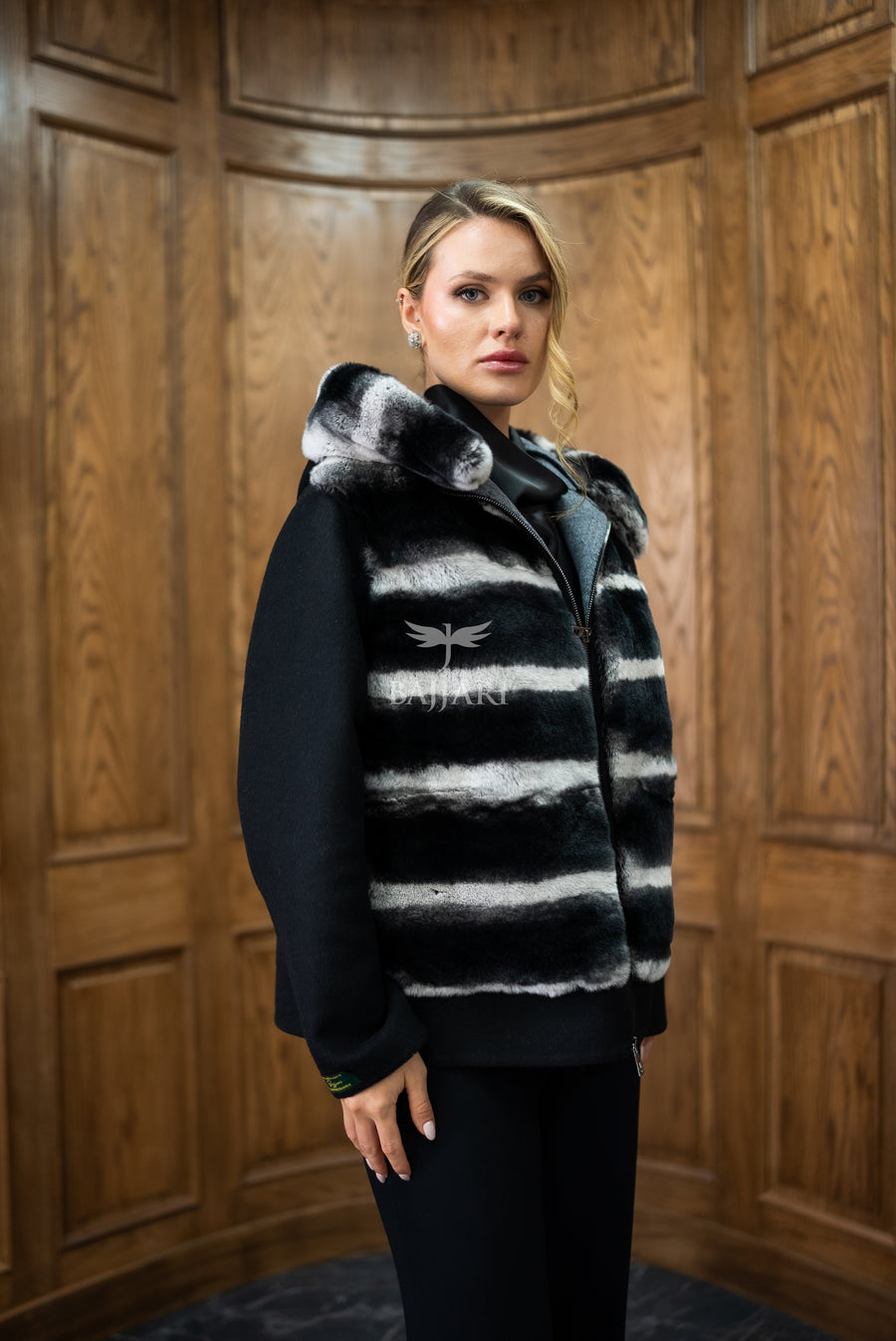 Alpaca Fabric Hooded Model with Rabbit Fur and Real Rabbit Fur Trim on the Front and Hood -9444-