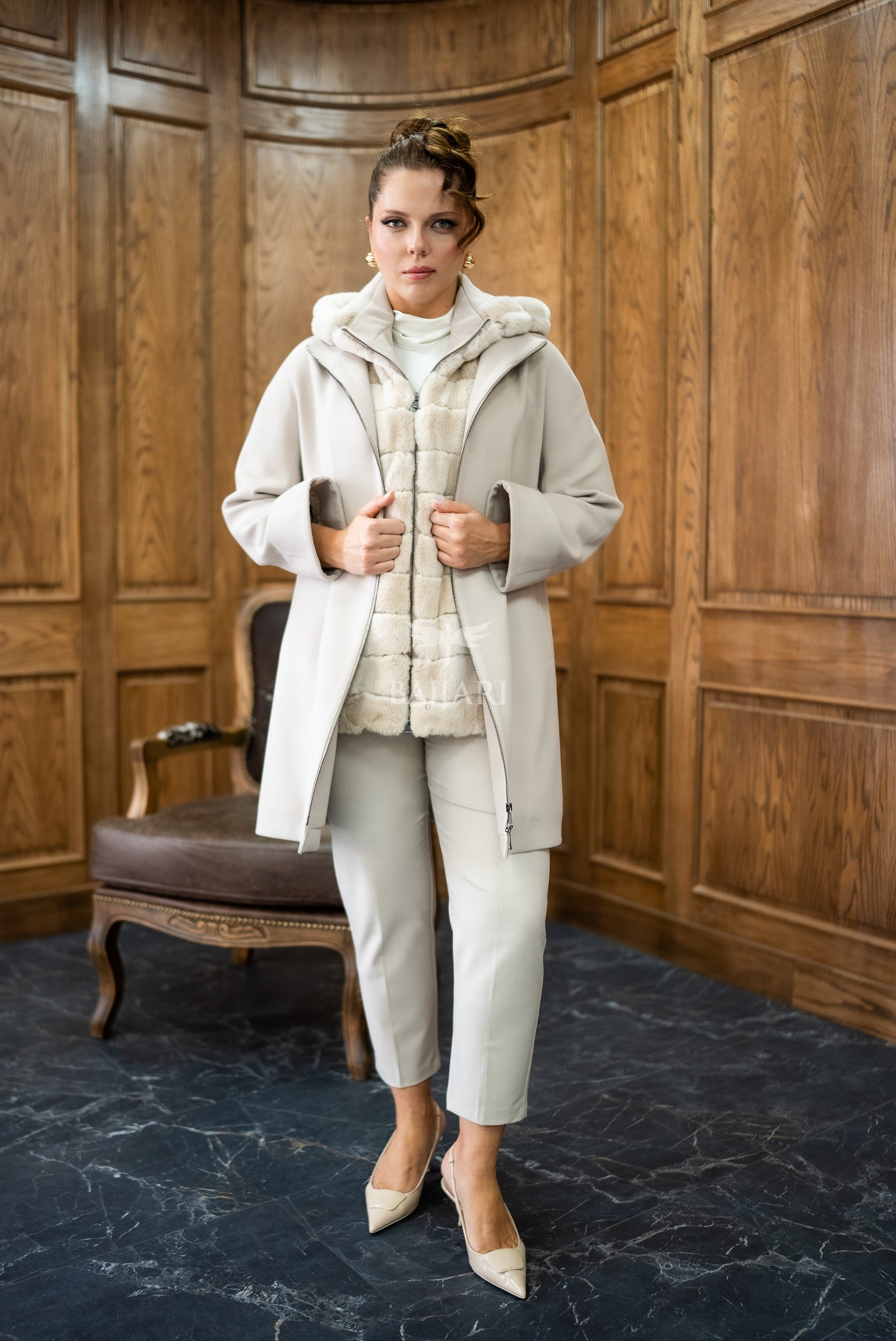 Exclusive Design Coat with Cashmere Fabric and Full Rabbit Fur Hood -1362-