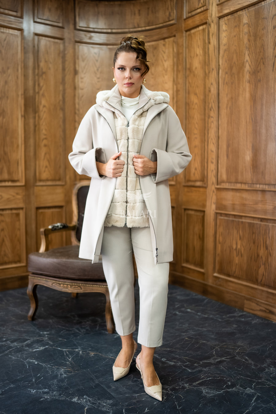 Exclusive Design Coat with Cashmere Fabric and Full Rabbit Fur Hood -1362-