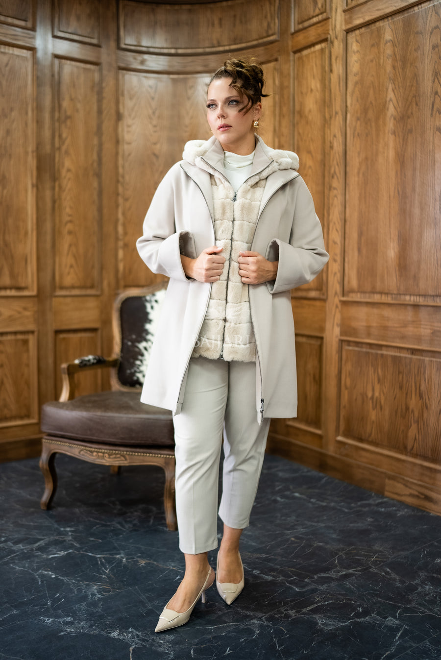 Exclusive Design Coat with Cashmere Fabric and Full Rabbit Fur Hood -1362-