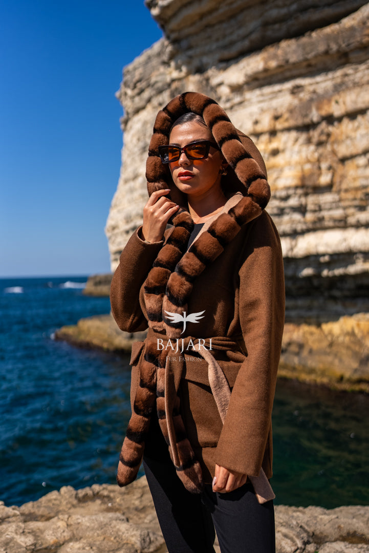 Reversible Alpaca Fabric Hooded Model with Rabbit Fur and Belt -3985-