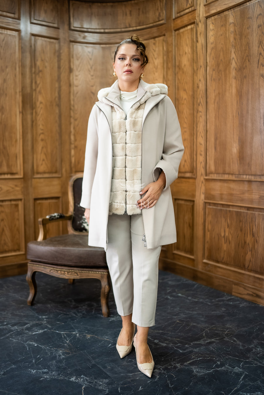 Exclusive Design Coat with Cashmere Fabric and Full Rabbit Fur Hood -1362-