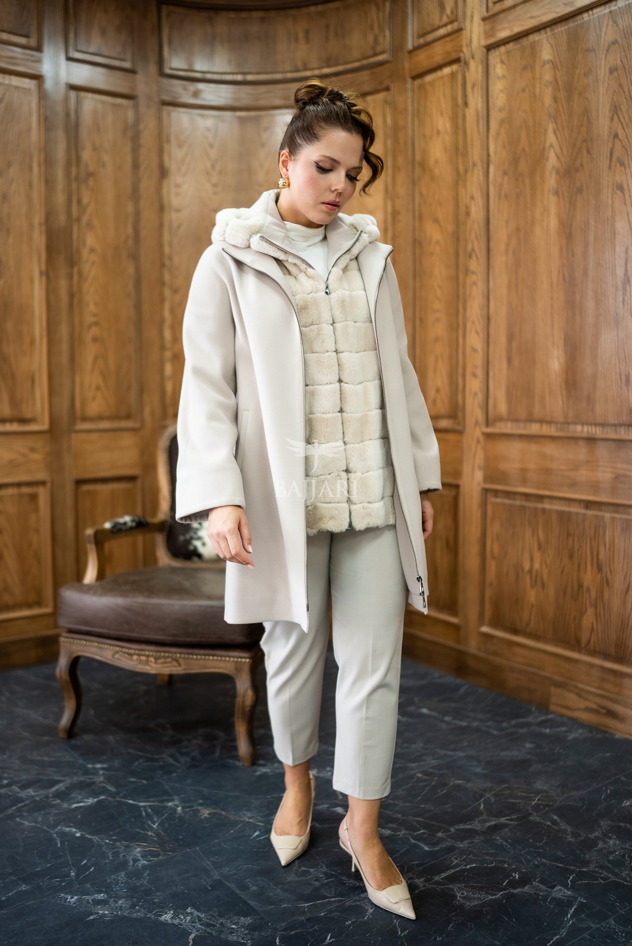 Exclusive Design Coat with Cashmere Fabric and Full Rabbit Fur Hood -1362-