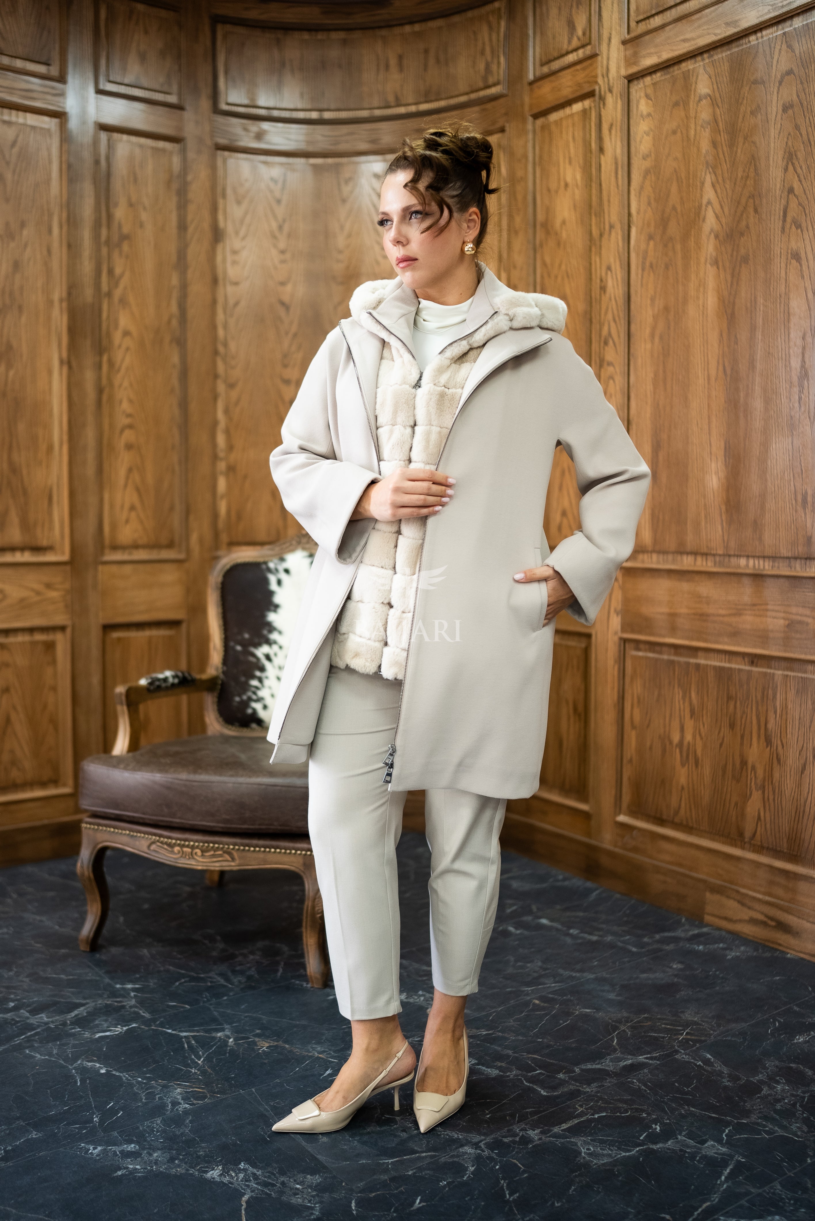 Exclusive Design Coat with Cashmere Fabric and Full Rabbit Fur Hood -1362-