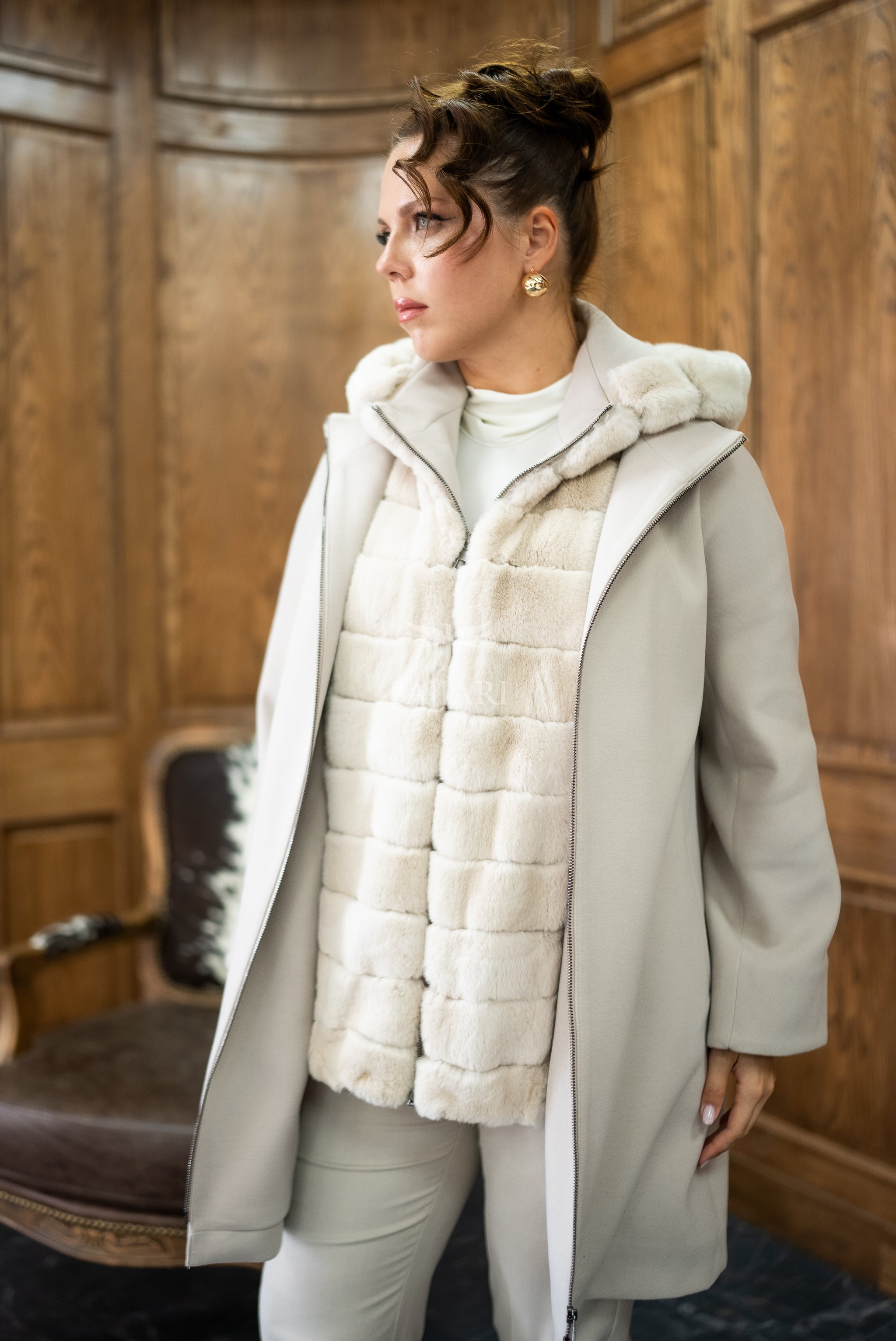 Exclusive Design Coat with Cashmere Fabric and Full Rabbit Fur Hood -1362-
