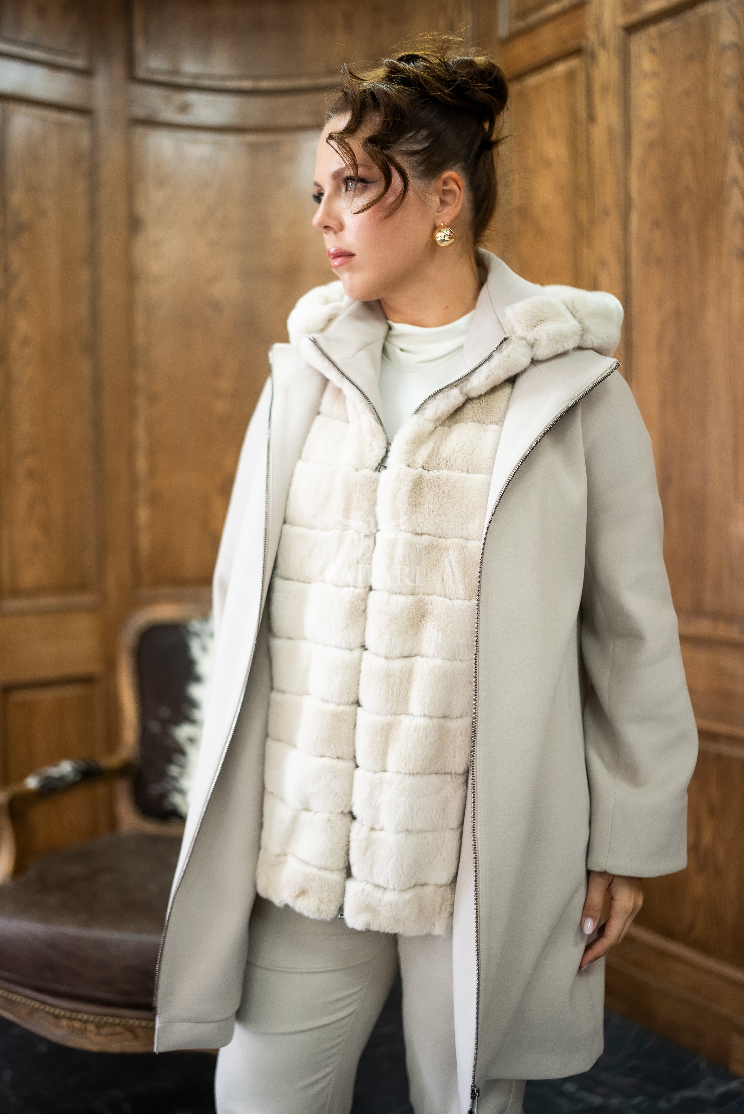 Exclusive Design Coat with Cashmere Fabric and Full Rabbit Fur Hood -1362-