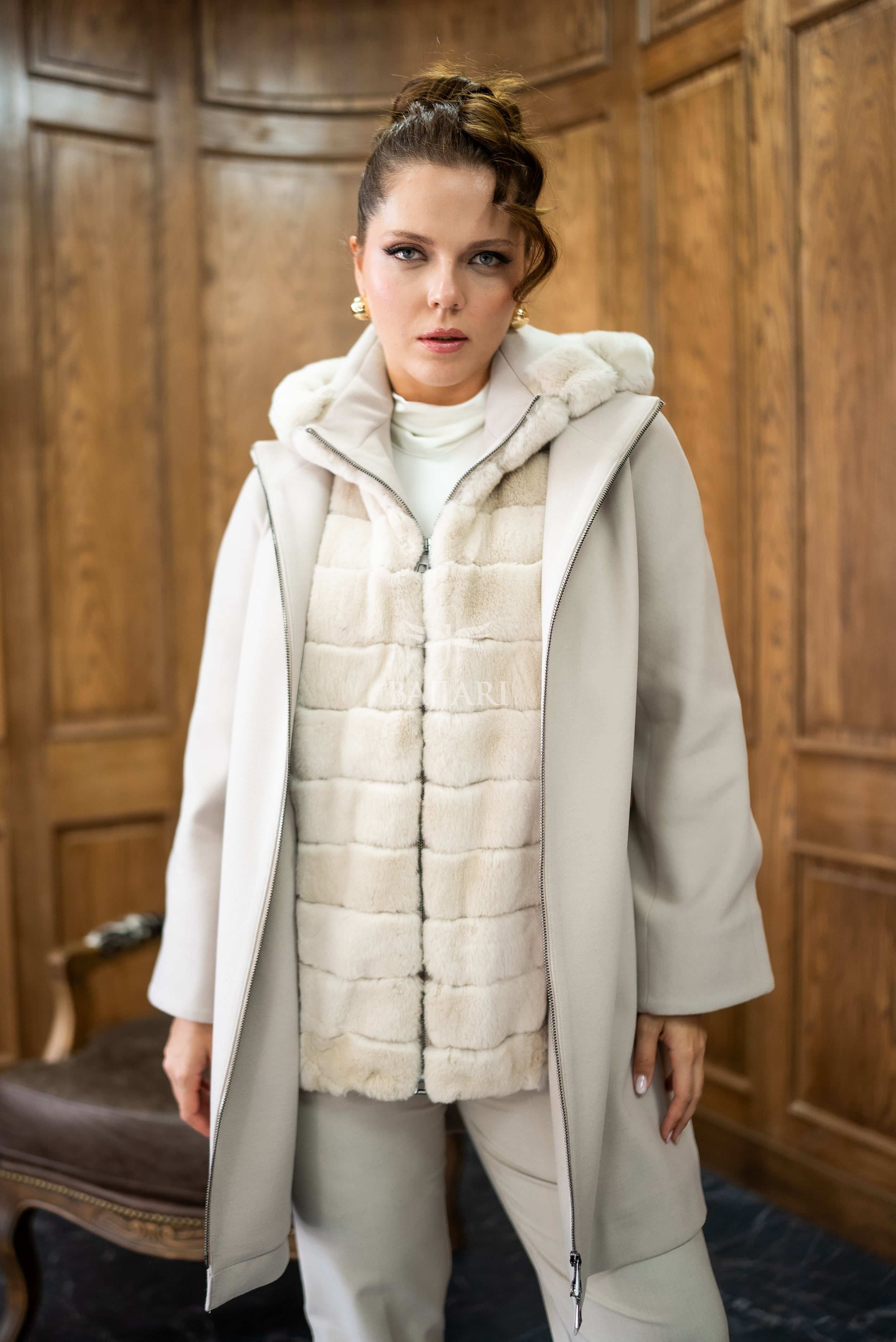 Exclusive Design Coat with Cashmere Fabric and Full Rabbit Fur Hood -1362-